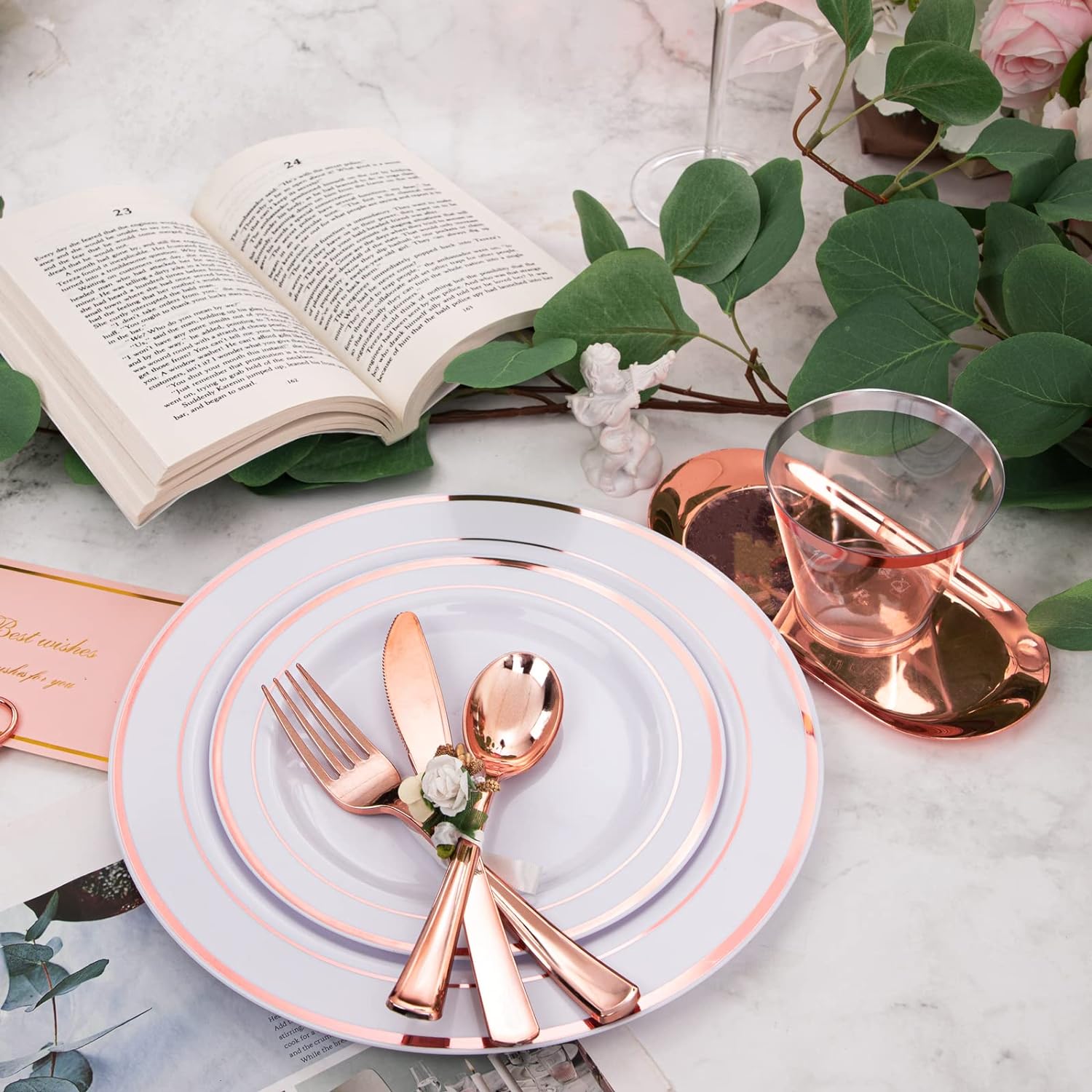 WELLIFE 350 Pieces Rose Gold Plastic Dinnerware Set