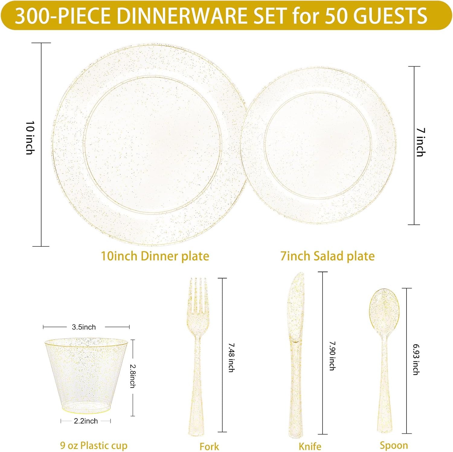 WELLIFE 300 PCS Gold Glitter Dinnerware Set for 50 Guests