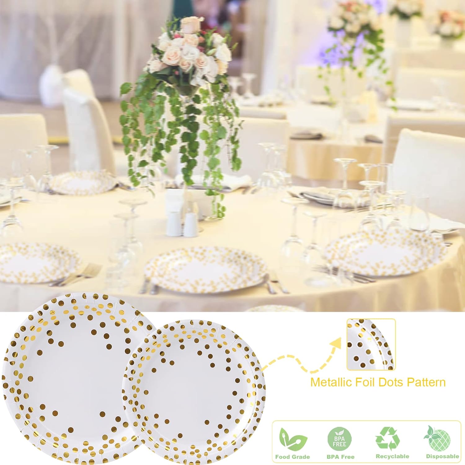 Golden Dots Disposable Paper Plates 100 Pack 50x9 50x7