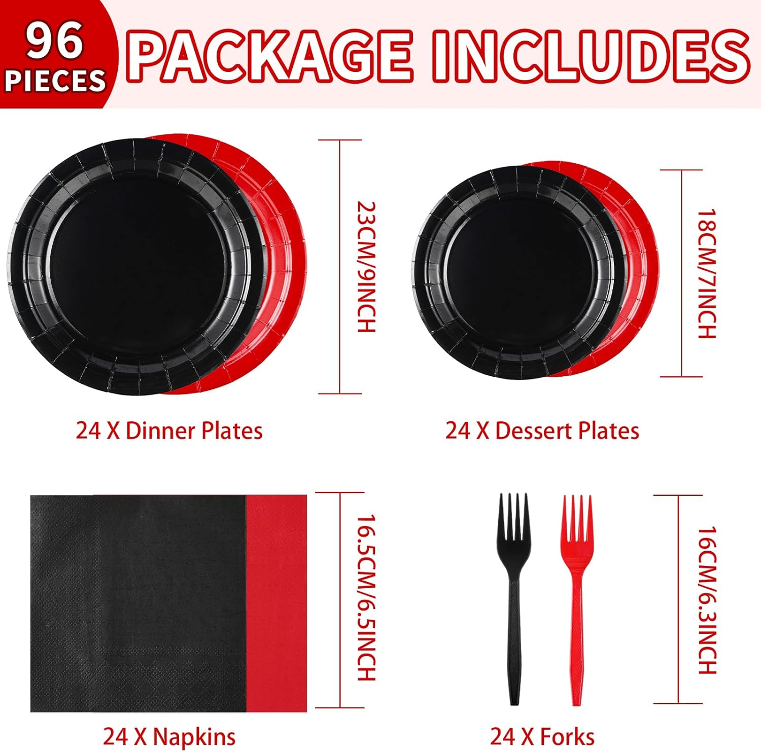96 Pcs Red and Black Party Plates and Napkins Set