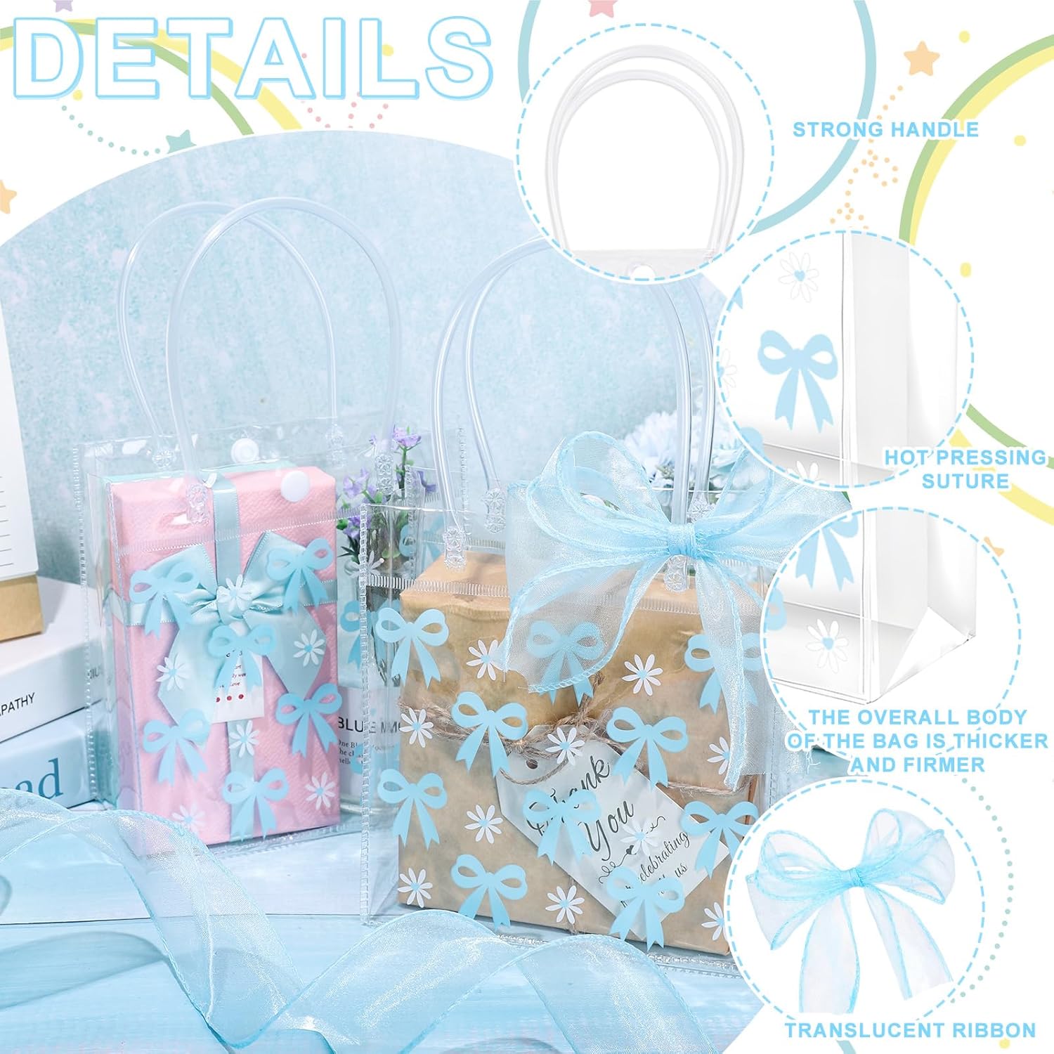 Whaline 12 Pcs Clear PVC Gift Bags with Blue Bowknot and Daisy Design