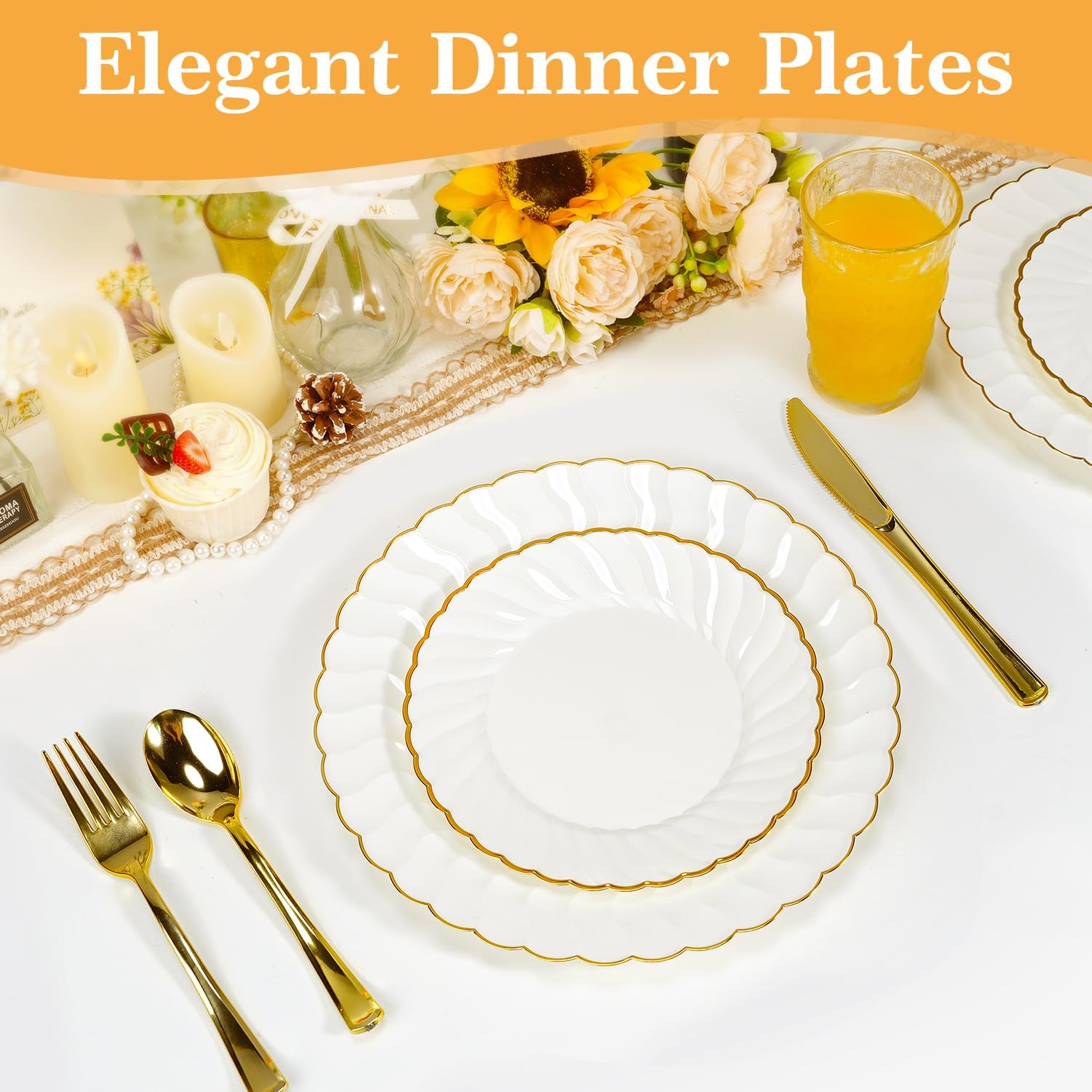 Lzerking 125 Pcs Ivory Scalloped Disposable Plates with Gold Rim Set