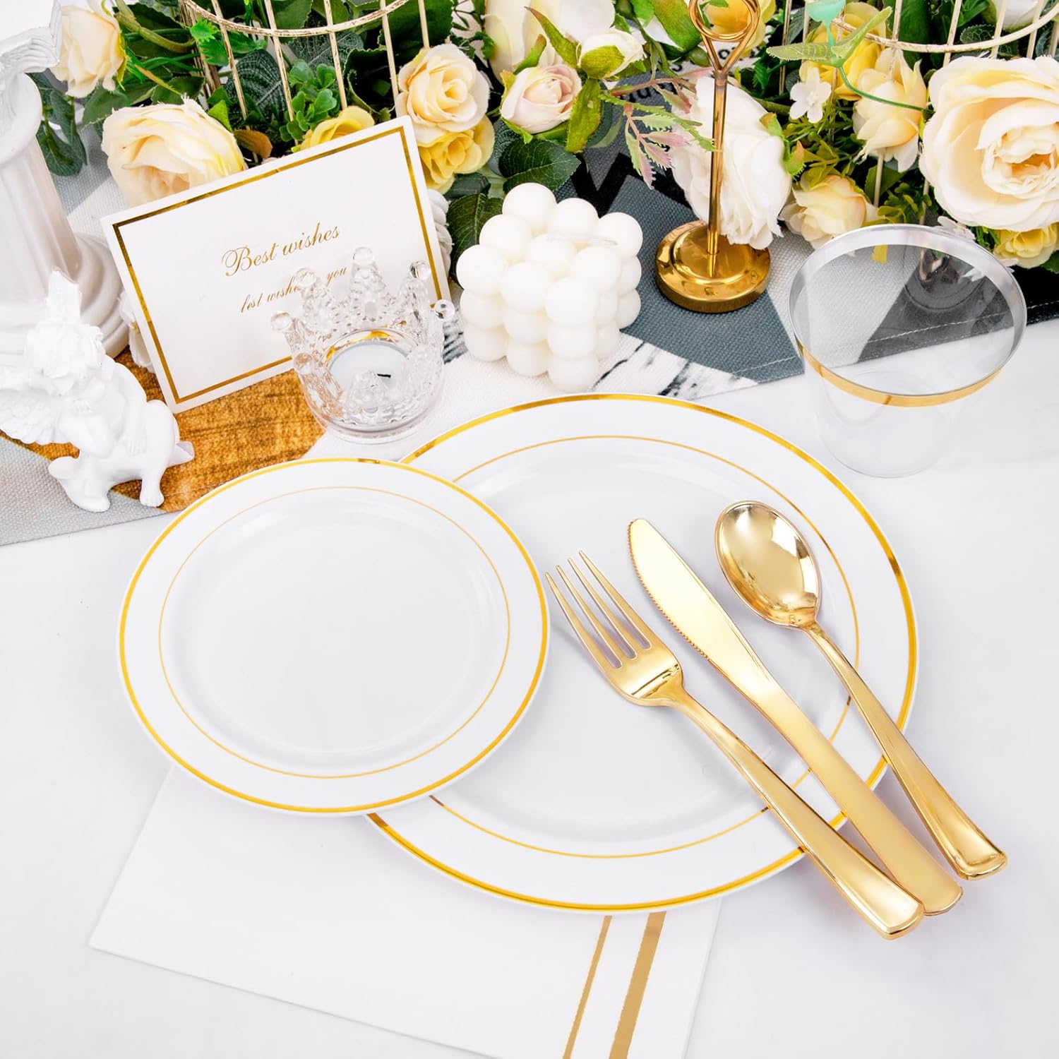 GATHER 350PCS White and Gold Plastic Plates Set for Party Wedding