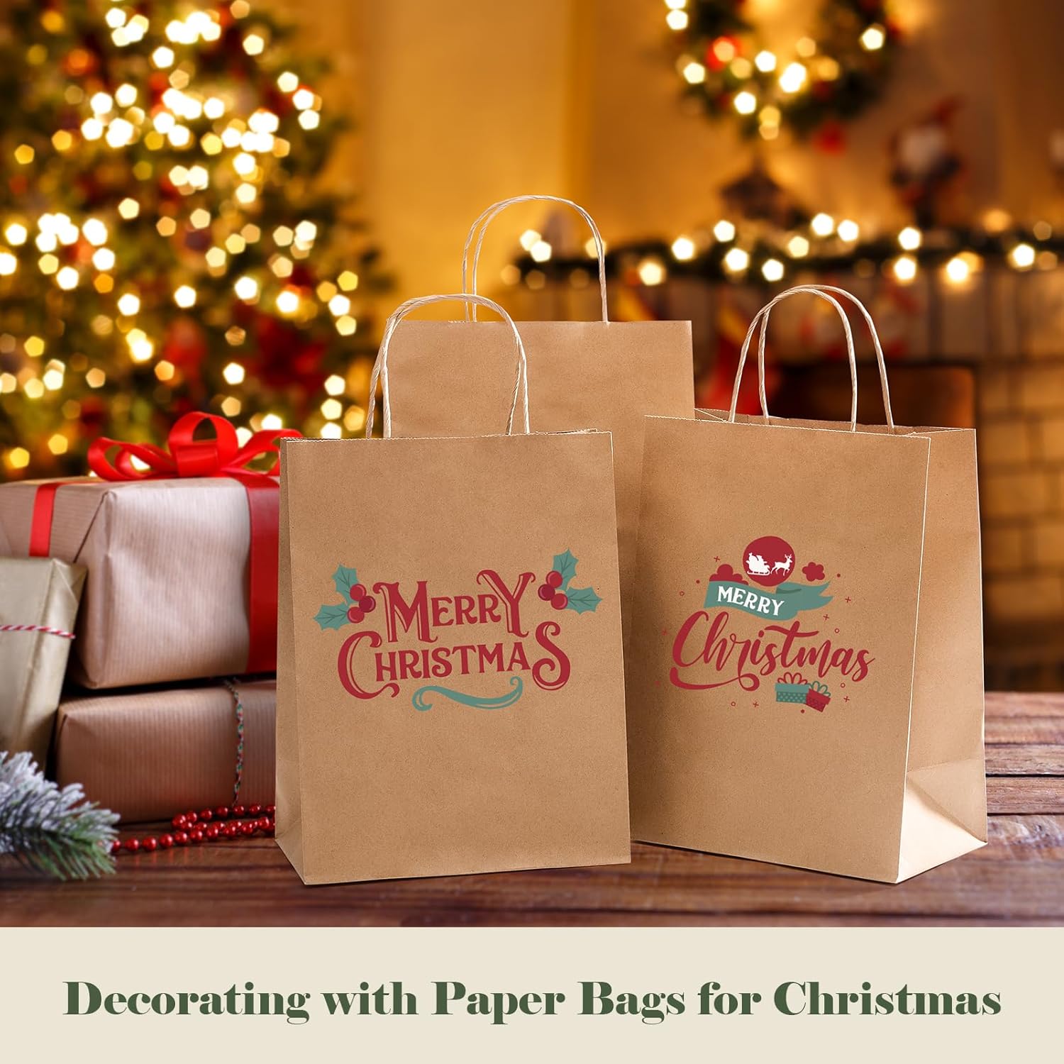 GSSUSA 100 Pack Brown Paper Bags with Handles Gift Wrapping