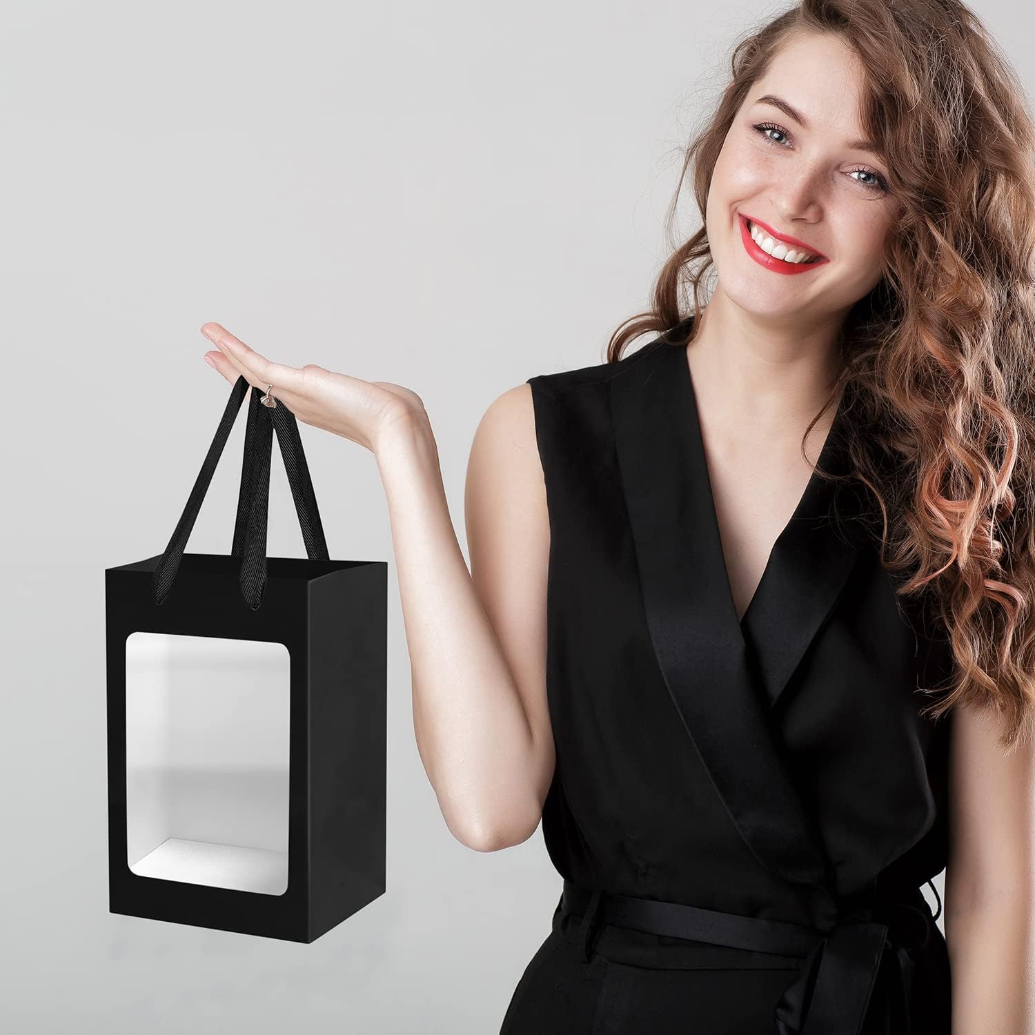 12 Pcs Black Kraft Paper Gift Bags with Window Handles