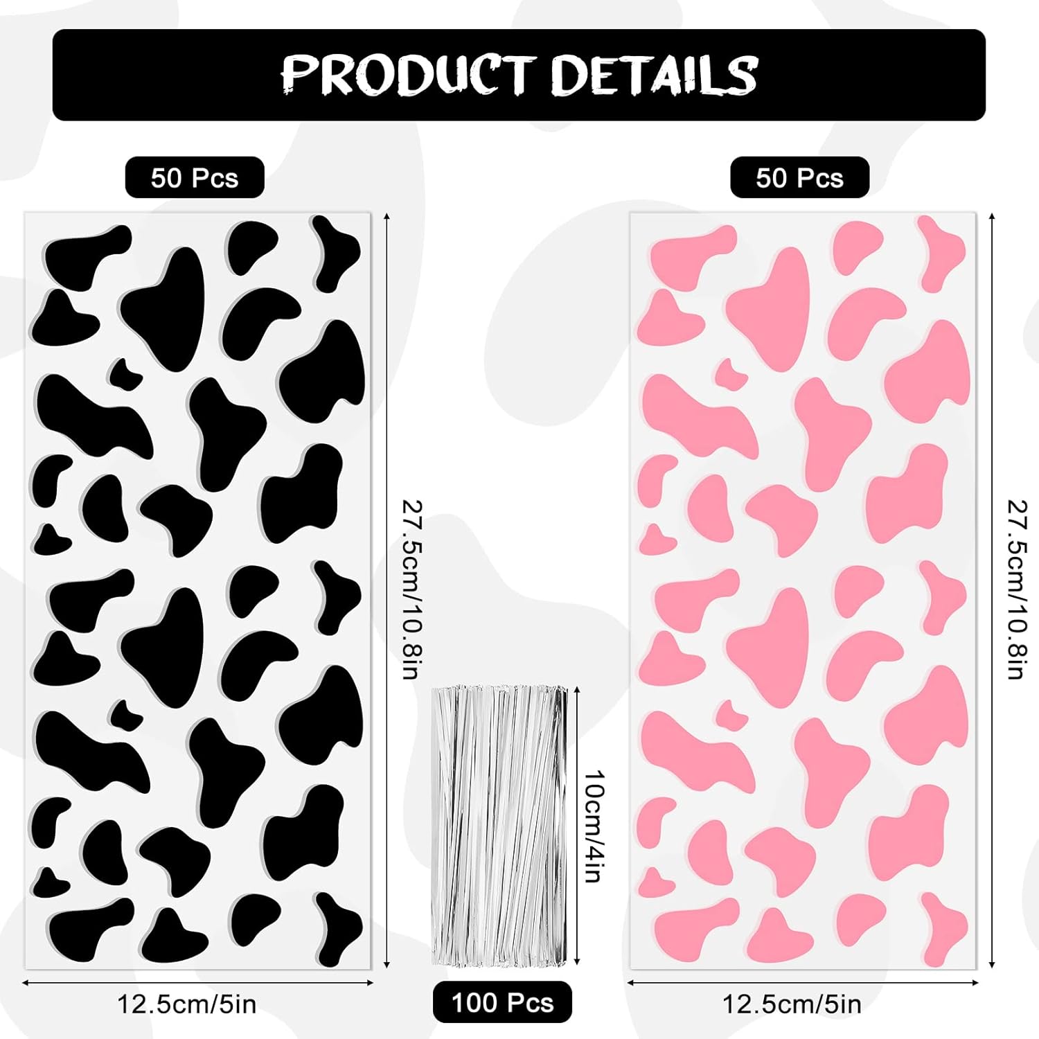 100 Pcs Cow Print Goodie Bags with Twist Ties