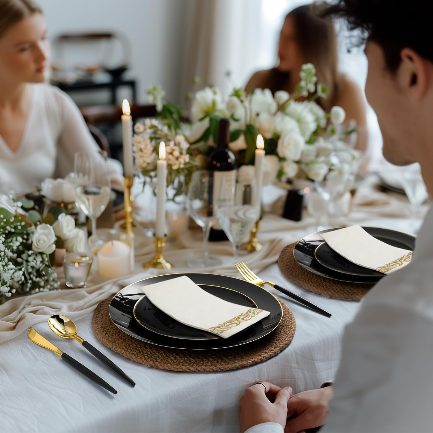 350 Pieces Black Gold Plastic Dinnerware Set for 50 Guests