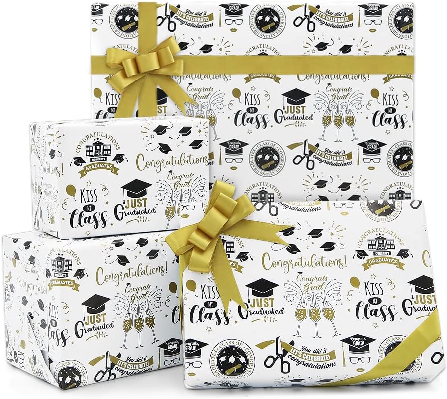 2025 Graduation Wrapping Paper Set 6 Sheets With Gold Ribbon