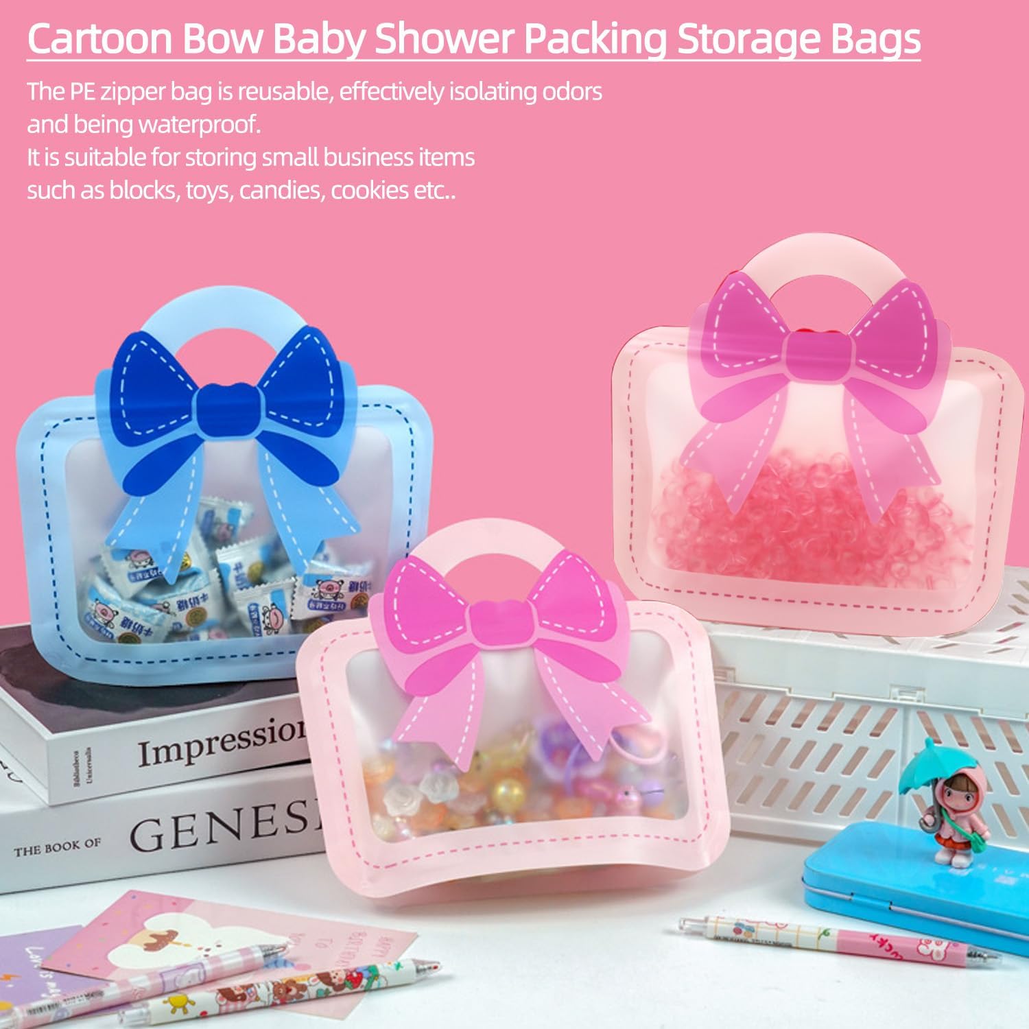 30 Pack Cartoon Bow Goodie Bags for Kids Birthday Parties