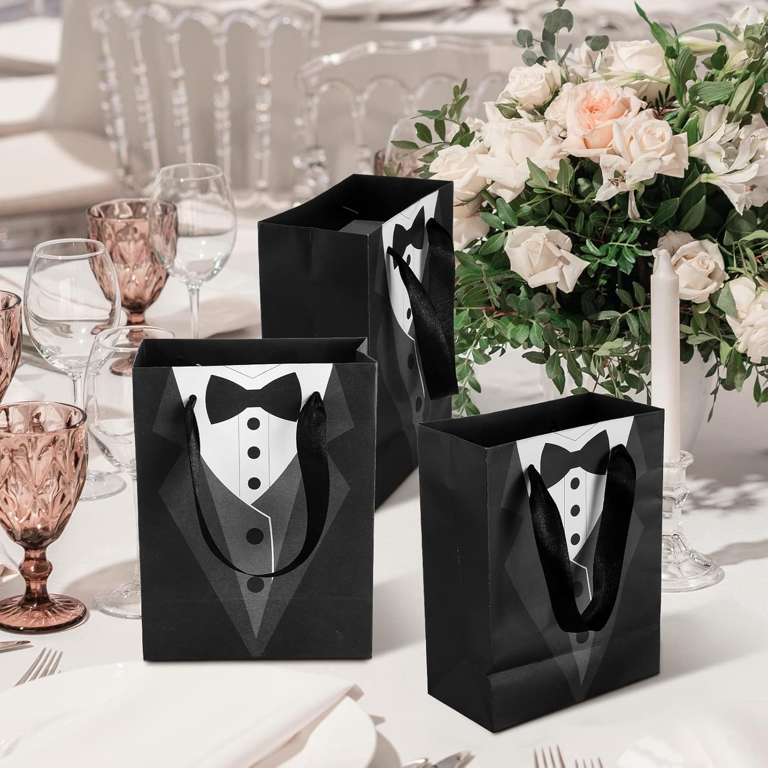 Sinmoe 24 Pack 7 Inch Gift Bags Wedding Favor Tuxedo Treat Wraps