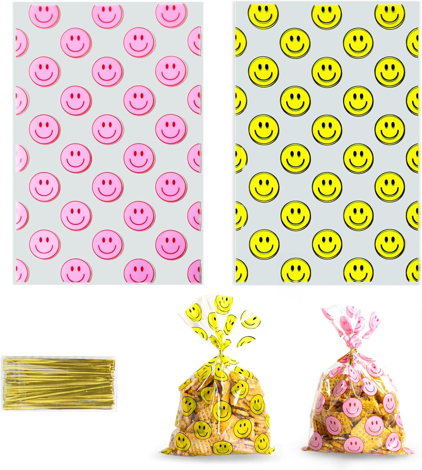 Eunoir 100 Pcs Yellow Red Smile Face Cellophane Bags with Twist Ties