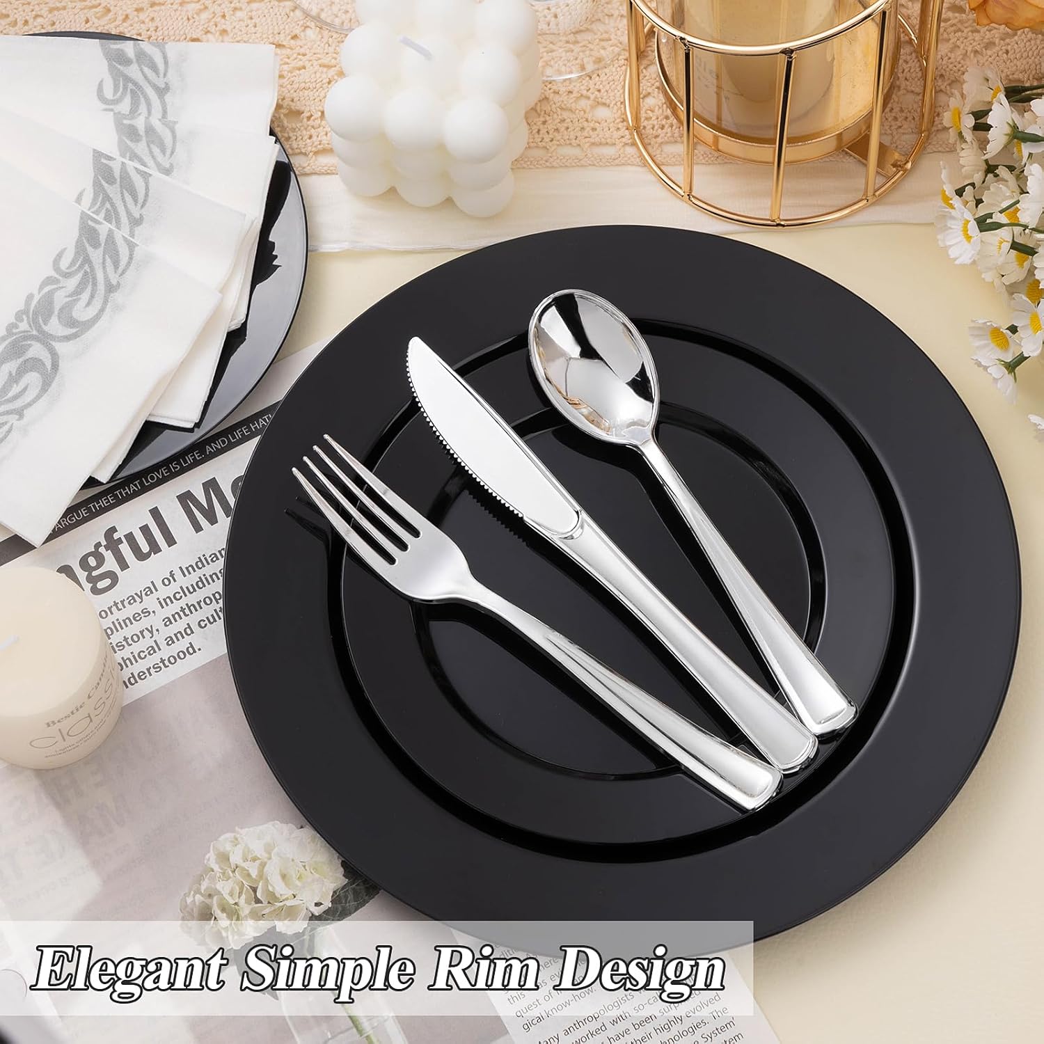 200PCS Black Plastic Plates Set for Parties and Weddings