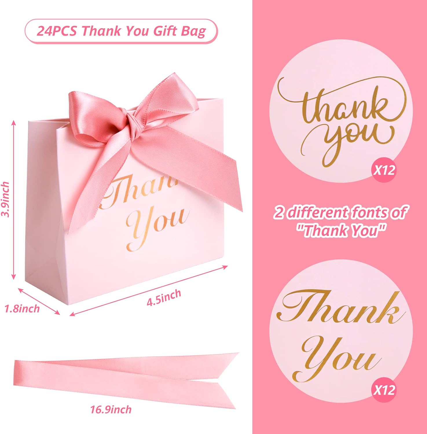 VGOODALL 24PCS Pink Thank You Gift Bags with Bow Ribbon