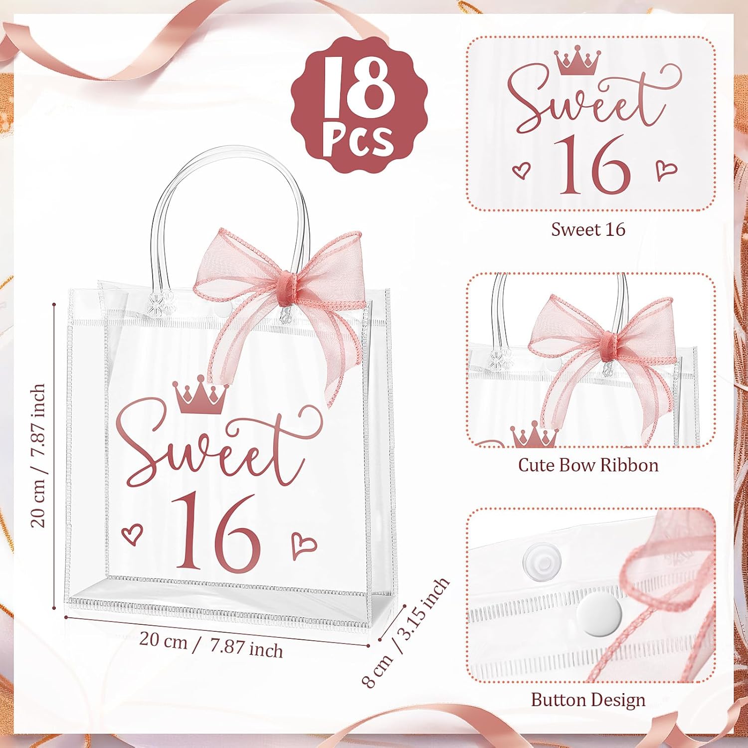 Sweetude 18 Pcs Clear Pink Gift Bags with Handles and Ribbons