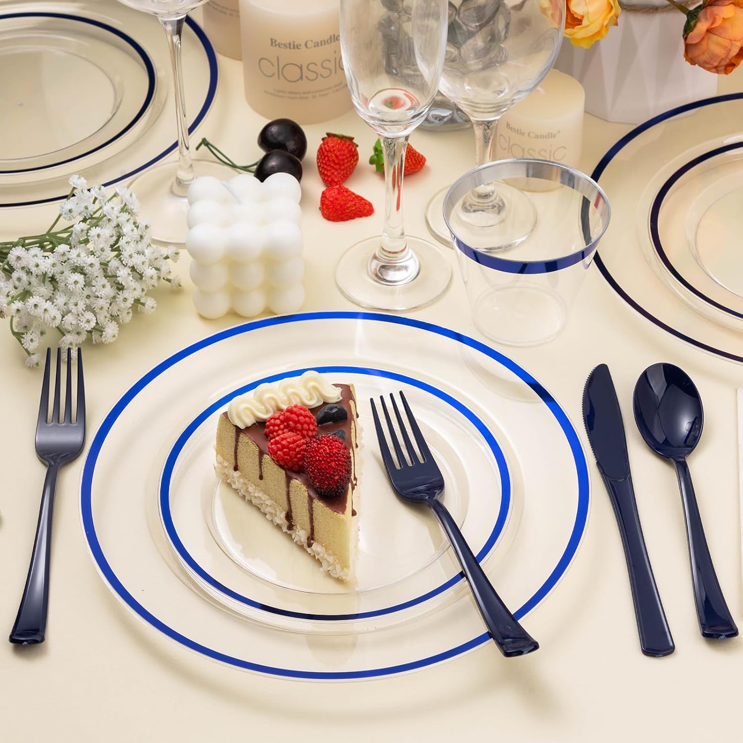 350PCS Blue and Clear Plastic Dinnerware Set for 50 Guests