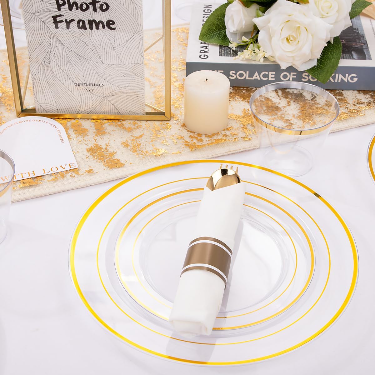 DaYammi 350PCS Clear Gold Disposable Dinnerware Set for 50 Guests