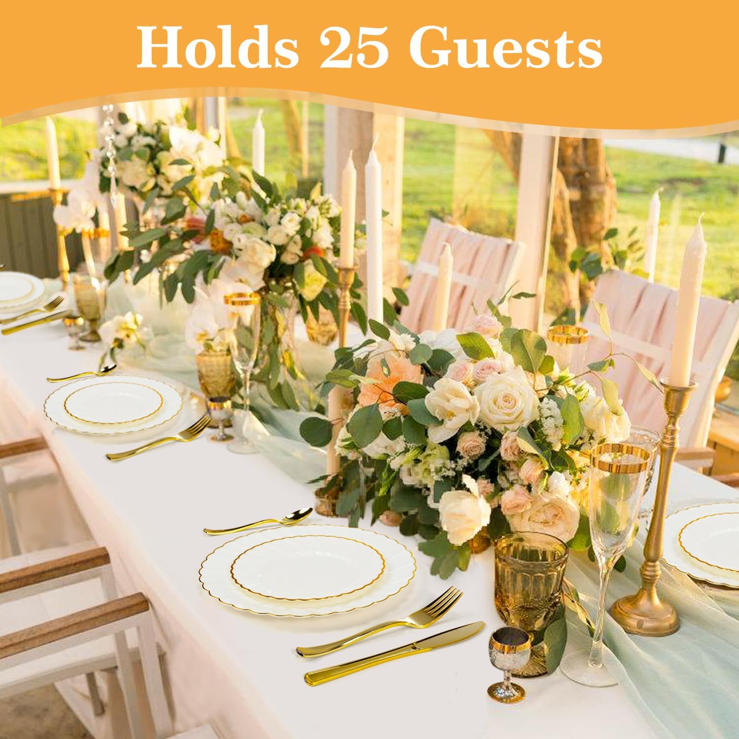 Lzerking 125 Pcs Ivory Scalloped Disposable Plates with Gold Rim Set