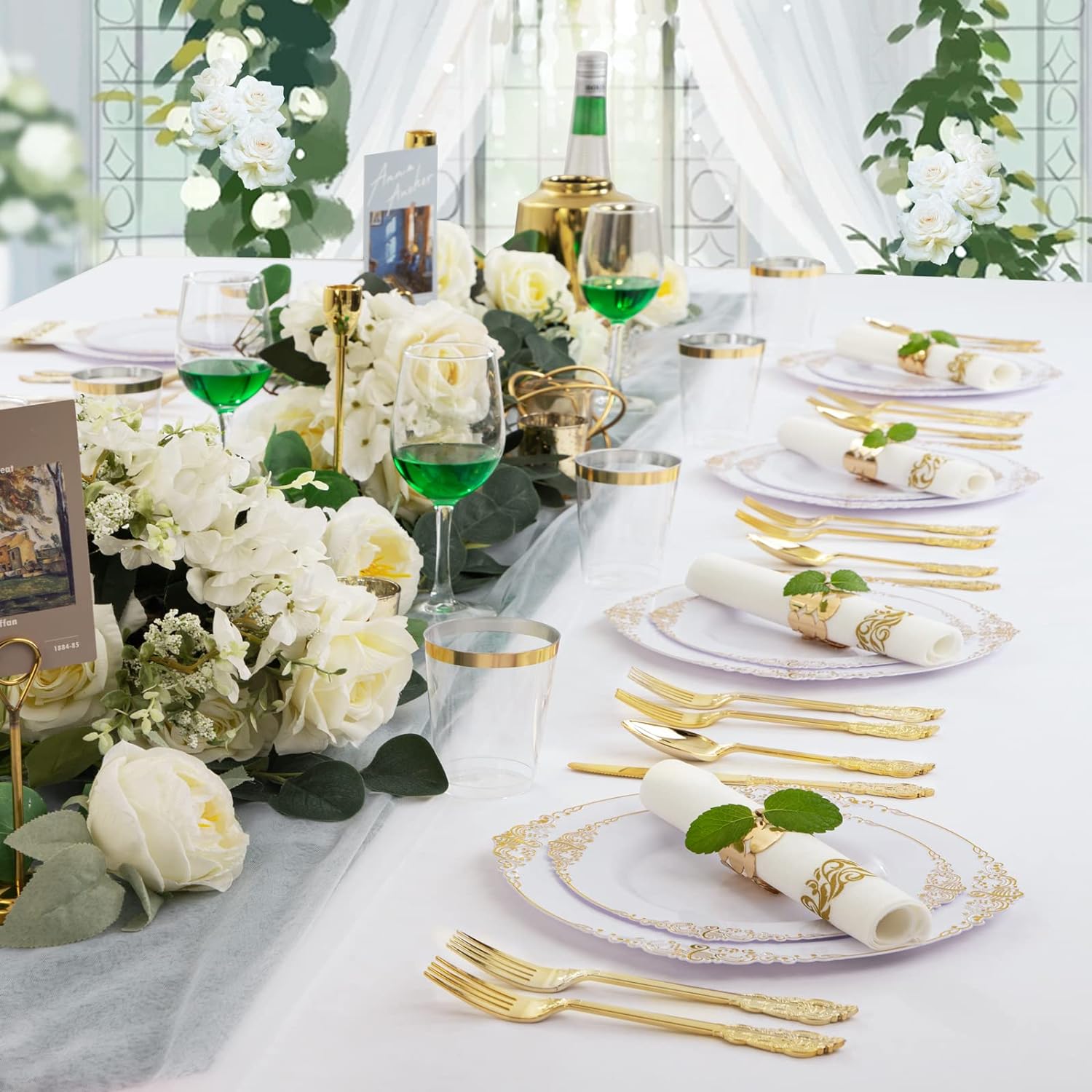 Nervure 175PCS White and Gold Plastic Plates Set