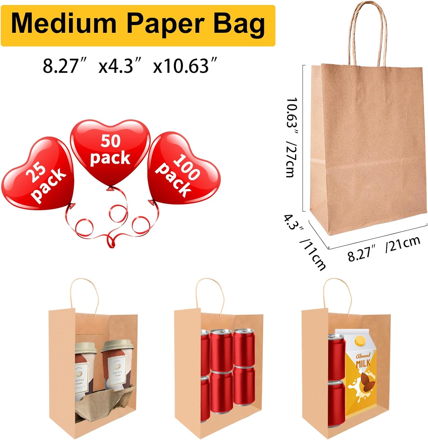 BAG BOX 80 Pack Brown Paper Bags with Handles
