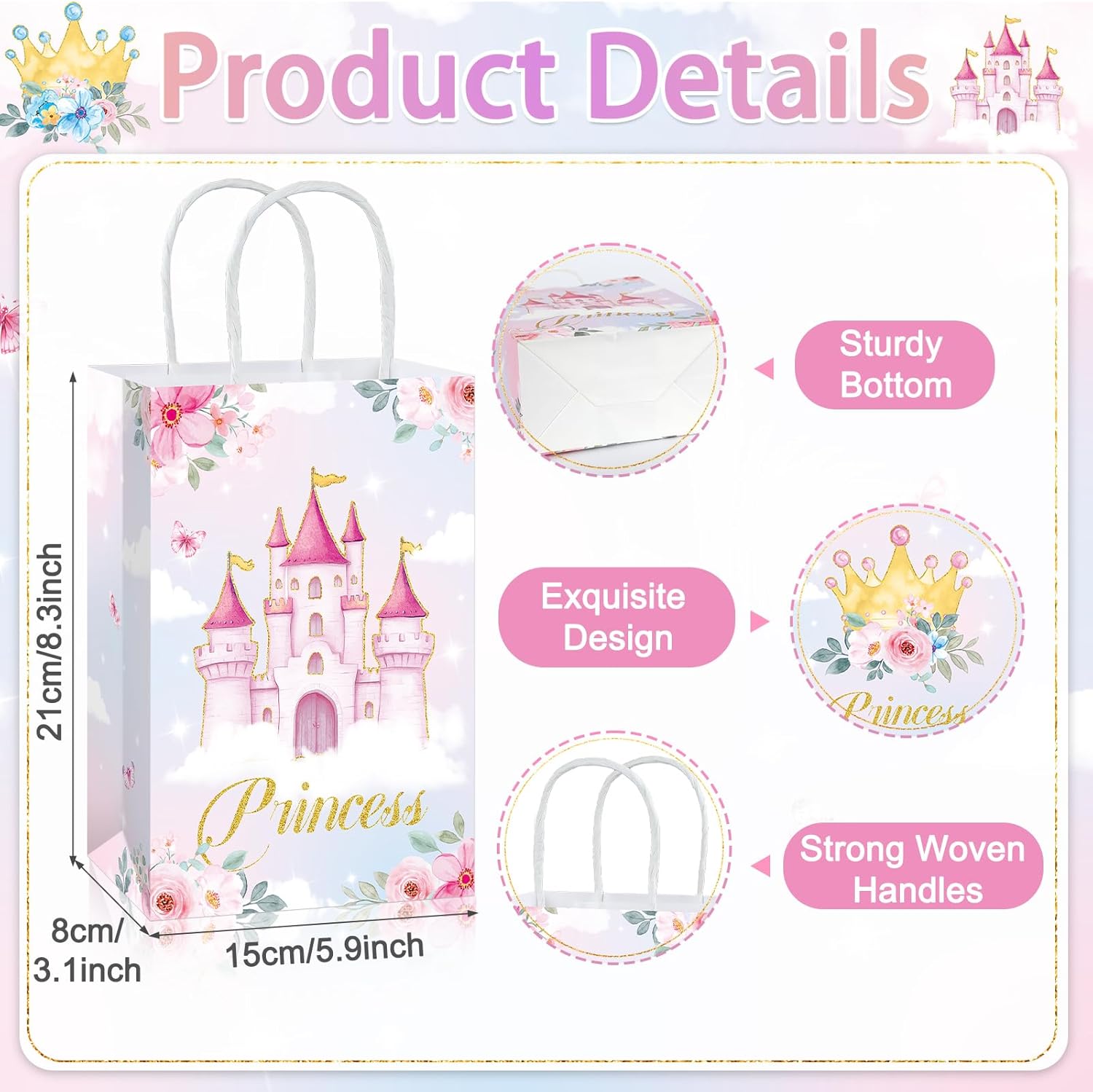 16Pcs Princess Prince Party Bags with Handles