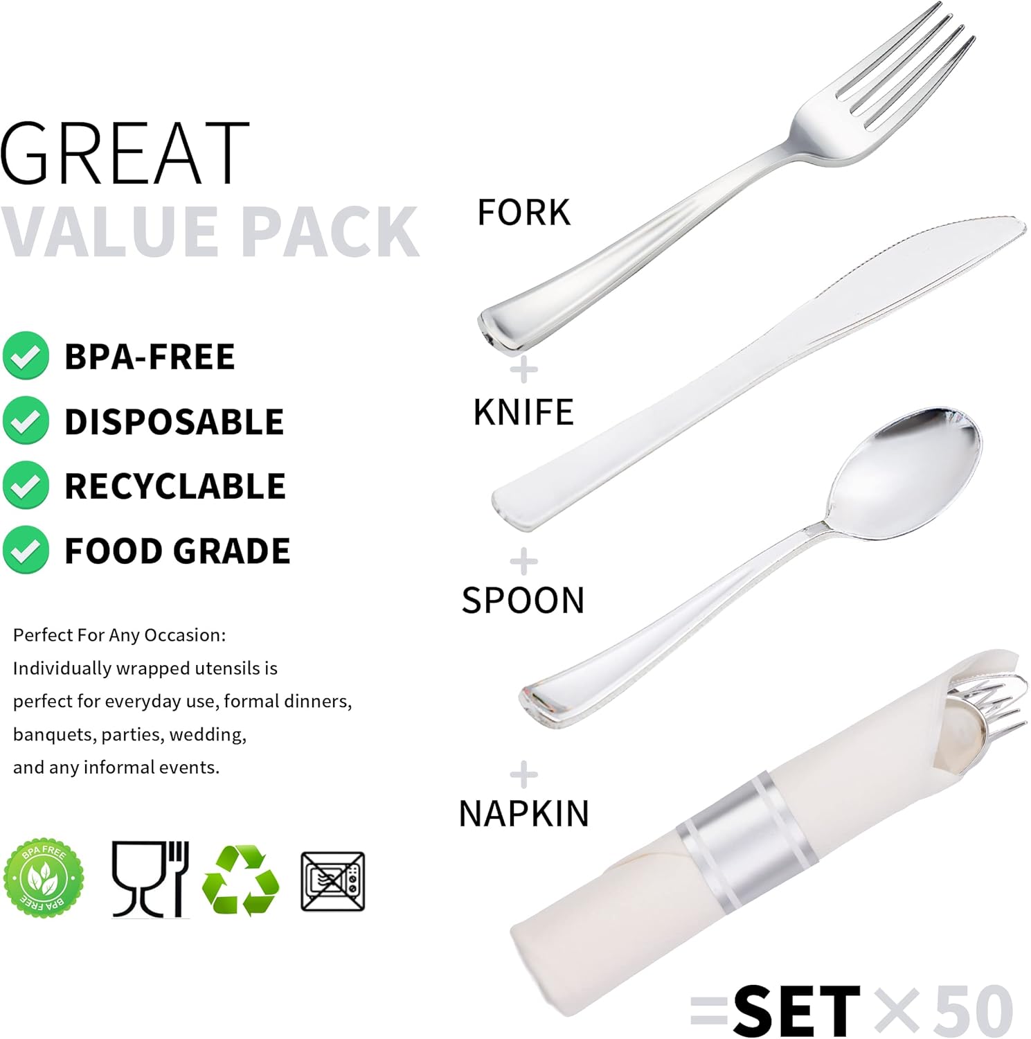 50 Pack Silverware Set with Napkins for Parties
