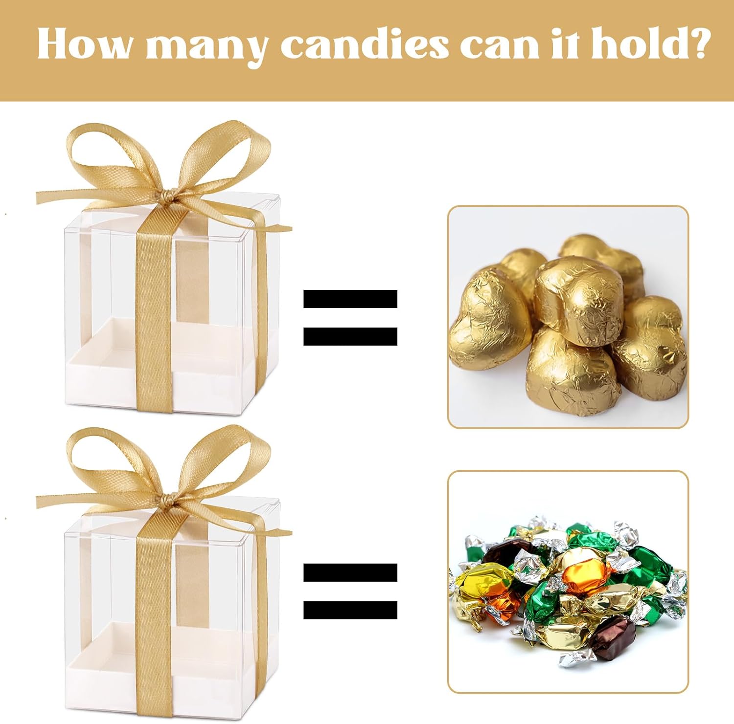 Hxezoc 50 Pack Clear Cube Gift Boxes with Gold Ribbons
