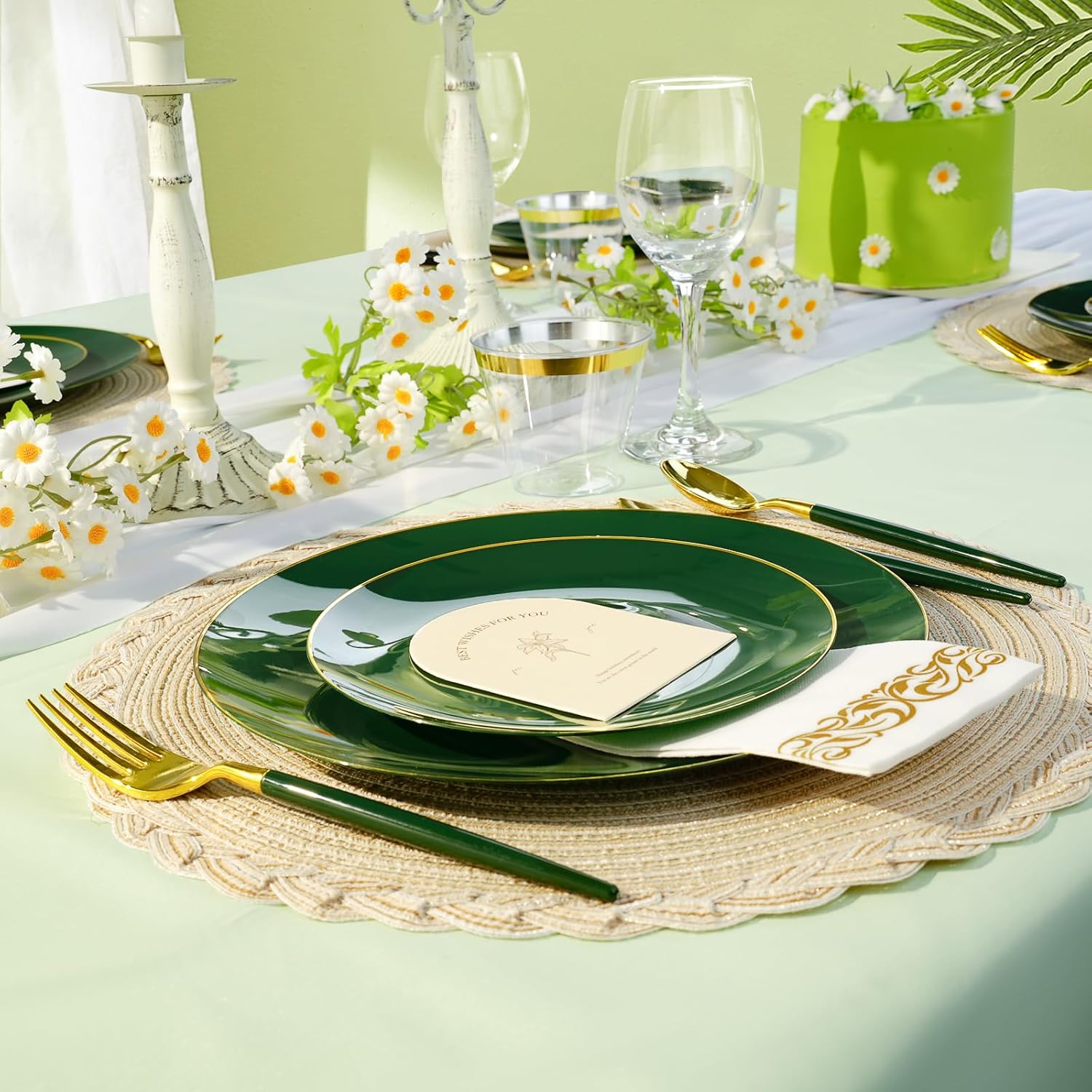 175 Piece Green Gold Plastic Dinnerware Set for Parties