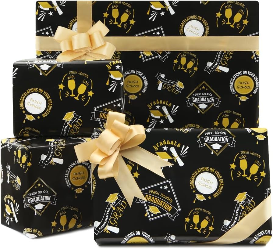 Boerni Graduation Gift Wrap Paper Black Gold