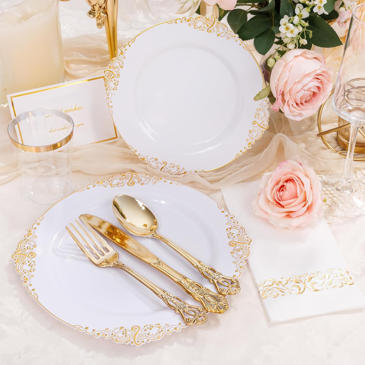 YOUBET 700PCS Gold Plastic Dinnerware Set for 100 Guests Wedding Party Graduation