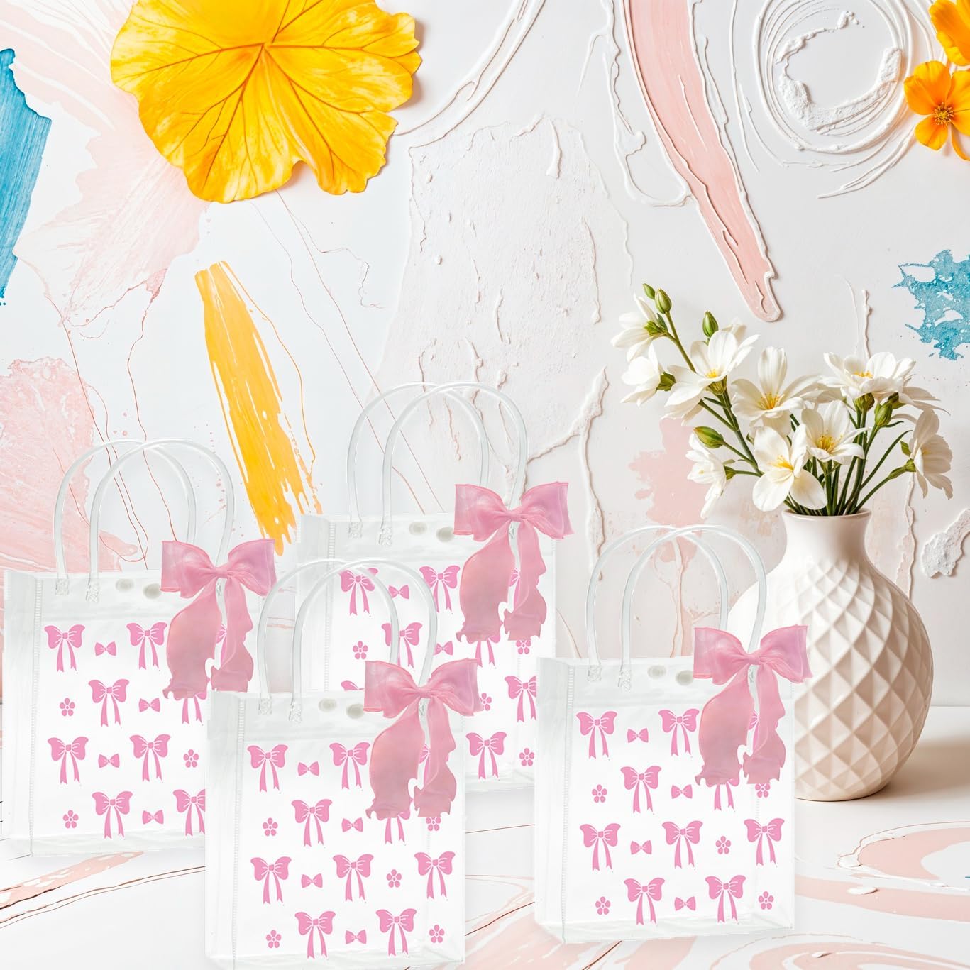 Lyosehy 10 Pcs Pink Bow Clear PVC Gift Bags with Handle Ribbon