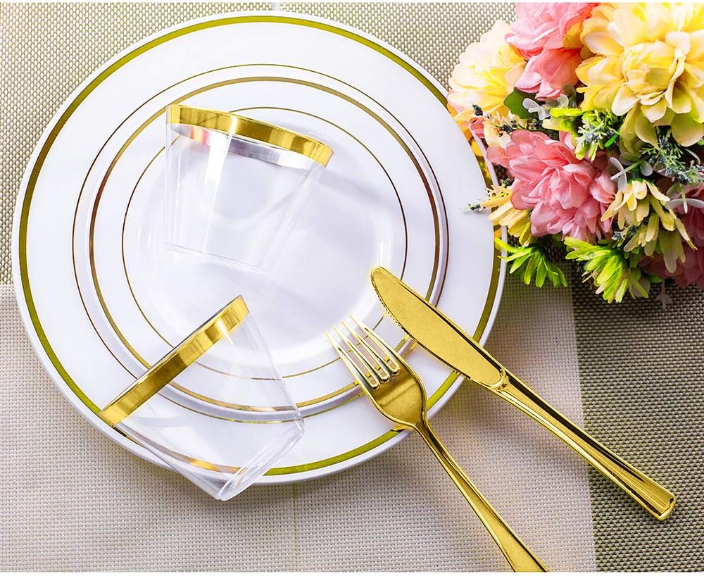 YOUTHSHIP 100 Pcs Gold Rim Clear Plastic Cups for Parties and Weddings