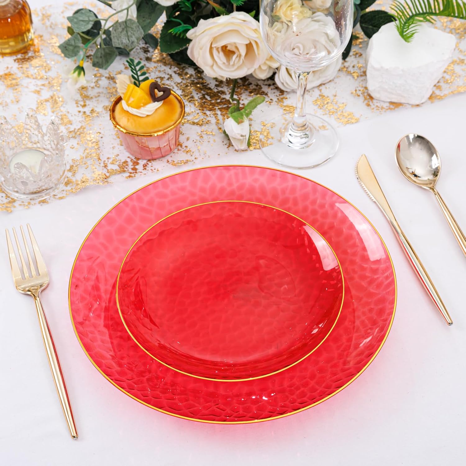 Rubtlamp 60 Pcs Red Plastic Plates with Gold Rim