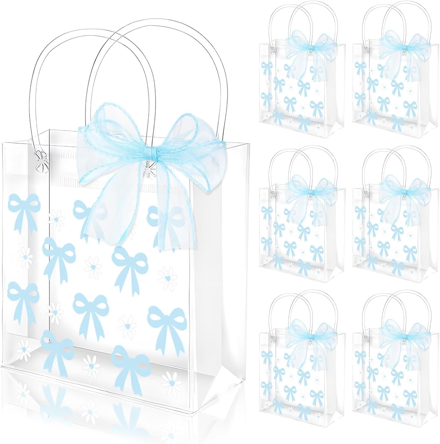Whaline 12 Pcs Clear PVC Gift Bags with Blue Bowknot and Daisy Design