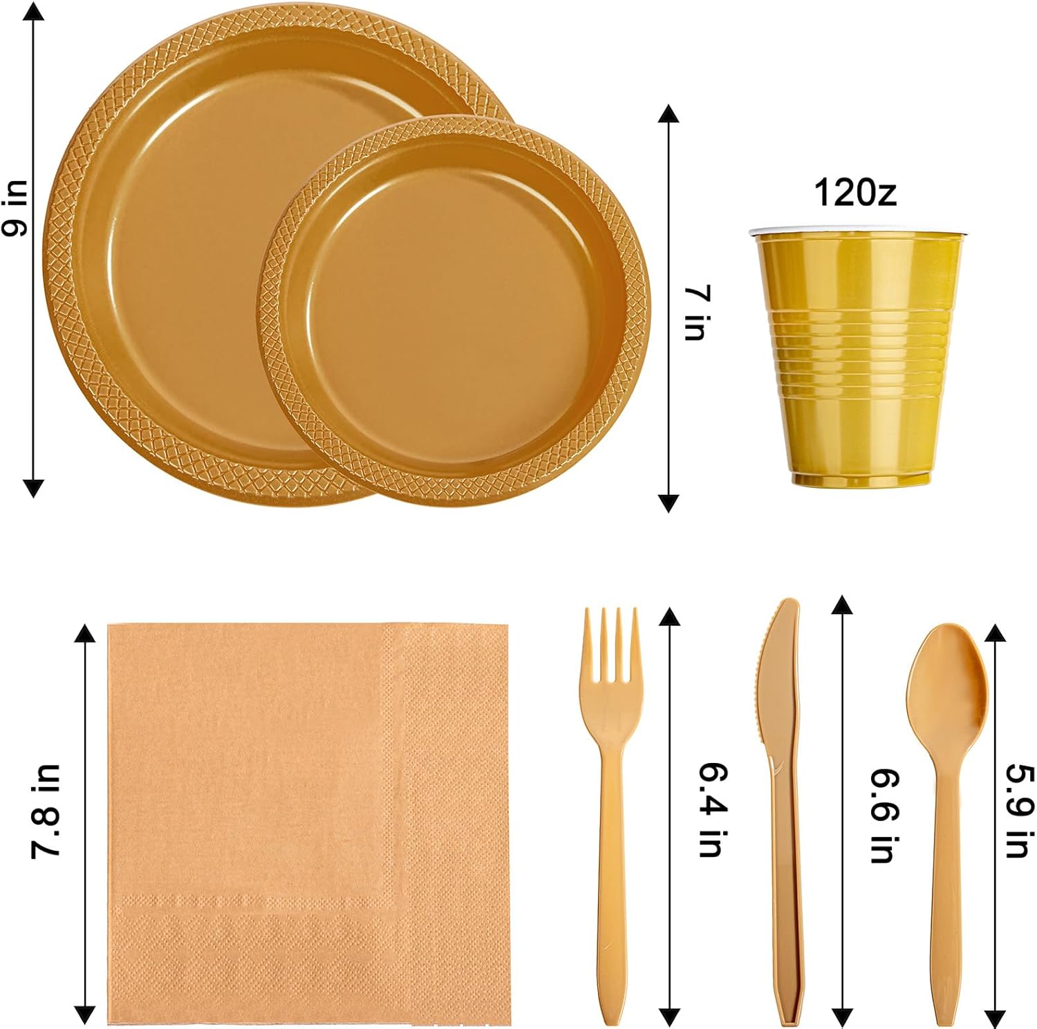WELLIFE 210Pcs Gold Plastic Plates Dinnerware Set for Parties