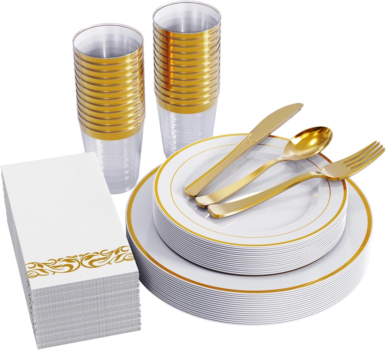 FOCUSLINE 25 Piece Gold Rimmed Disposable Plate Set for 25 Guests