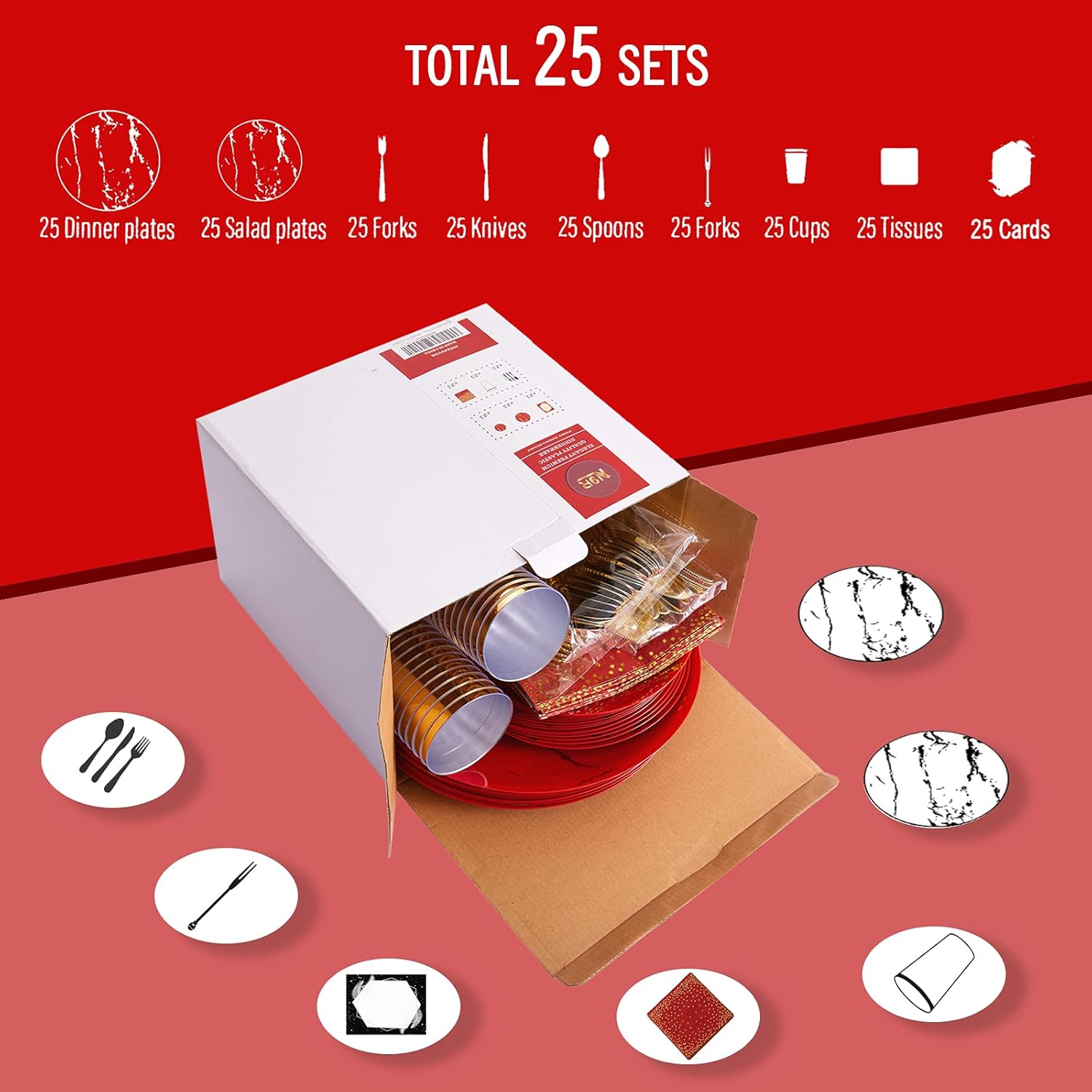 N9R 225PCS Red Gold Plastic Dinnerware Set