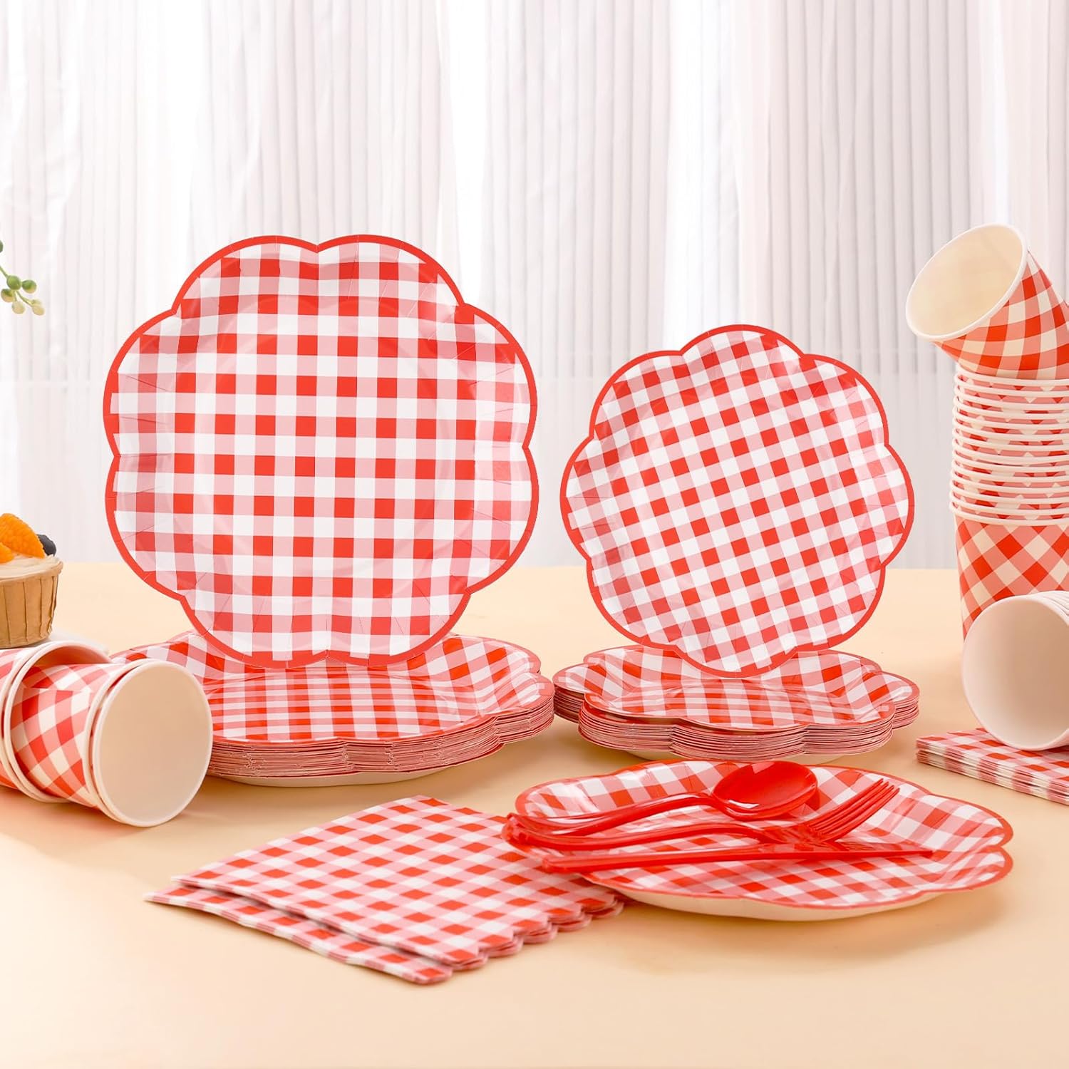 175 Pcs Red Gingham Plates Napkins Party Supplies Set