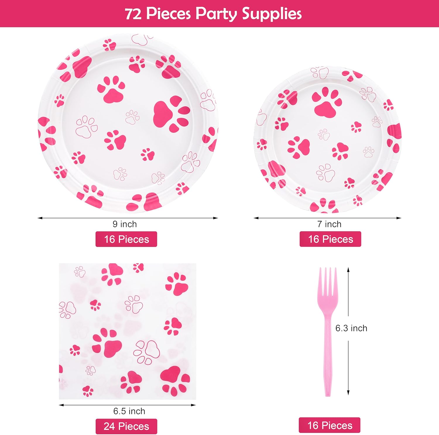 Durony 72 Piece Dog Paw Print Party Set Pink Decor