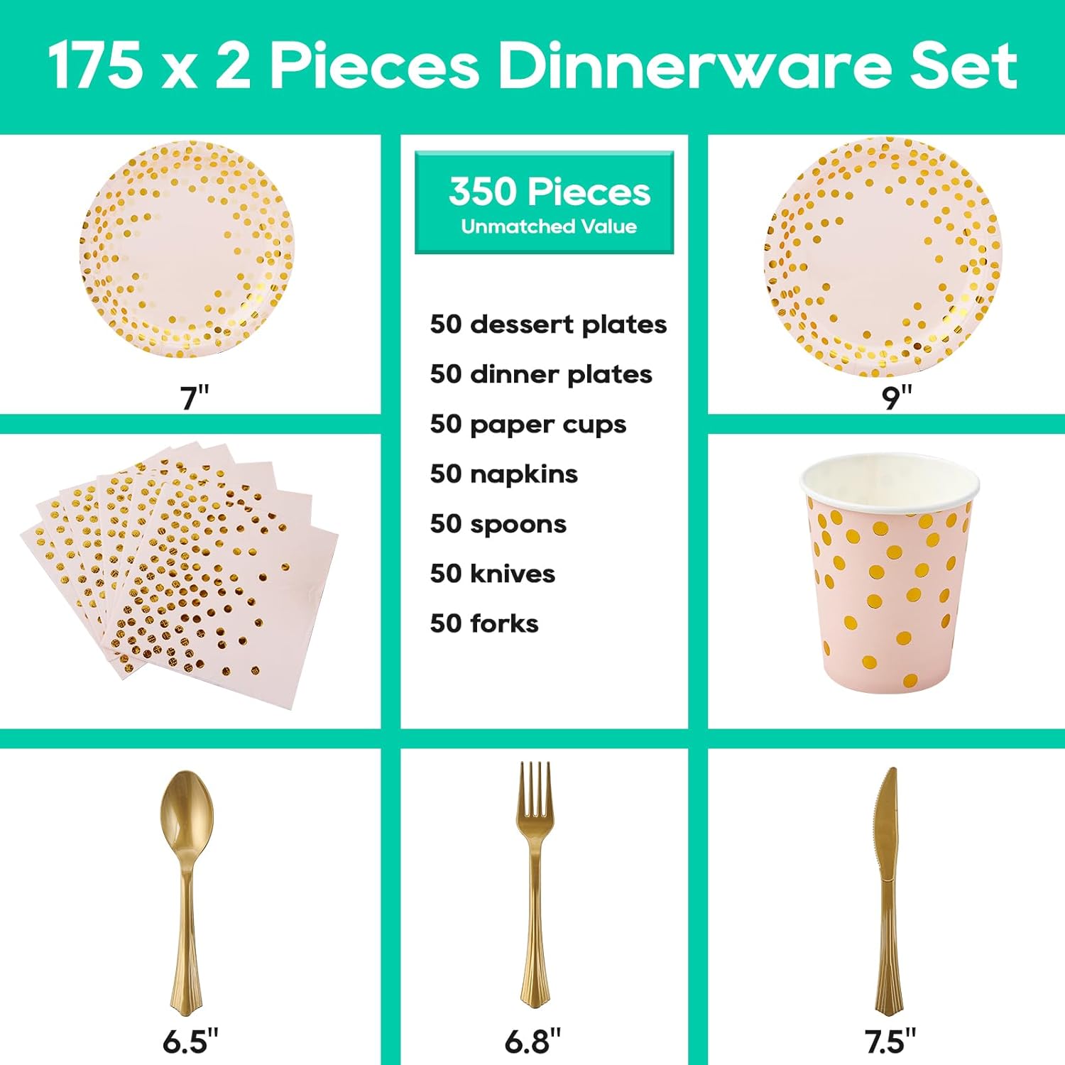 Pink and Gold Party Supplies - 350 PCS Disposable Dinnerware Set
