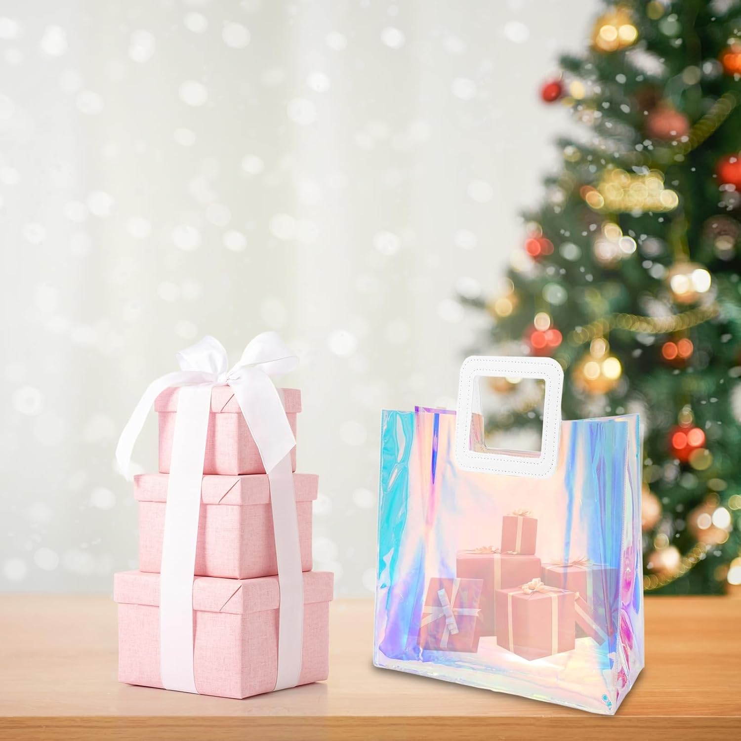 Voittozege 20Pcs Clear Holographic Gift Bags with Handle