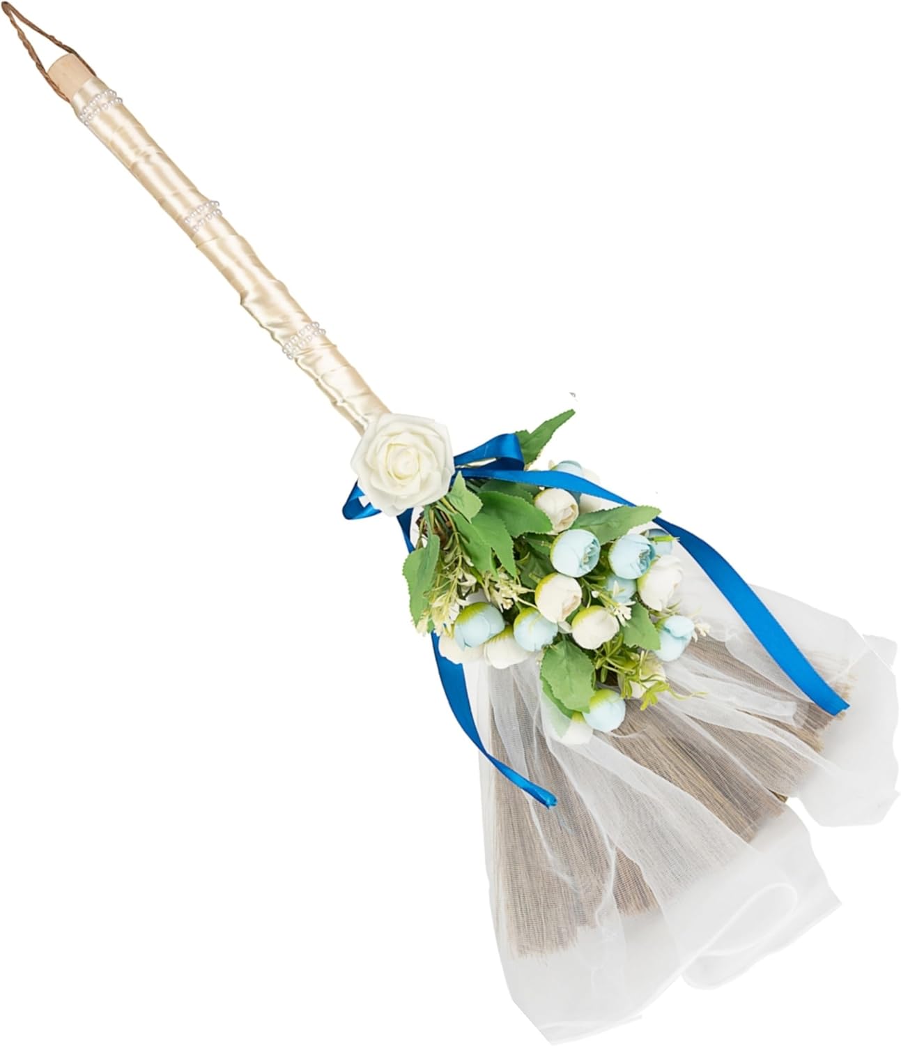 SISIMER Wedding Brooms with White Tulle and Pearl Ribbon