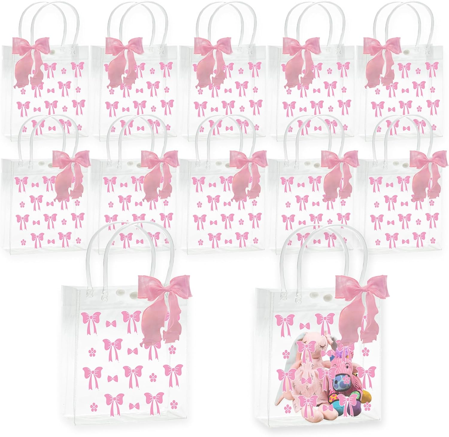 Lyosehy 10 Pcs Pink Bow Clear PVC Gift Bags with Handle Ribbon