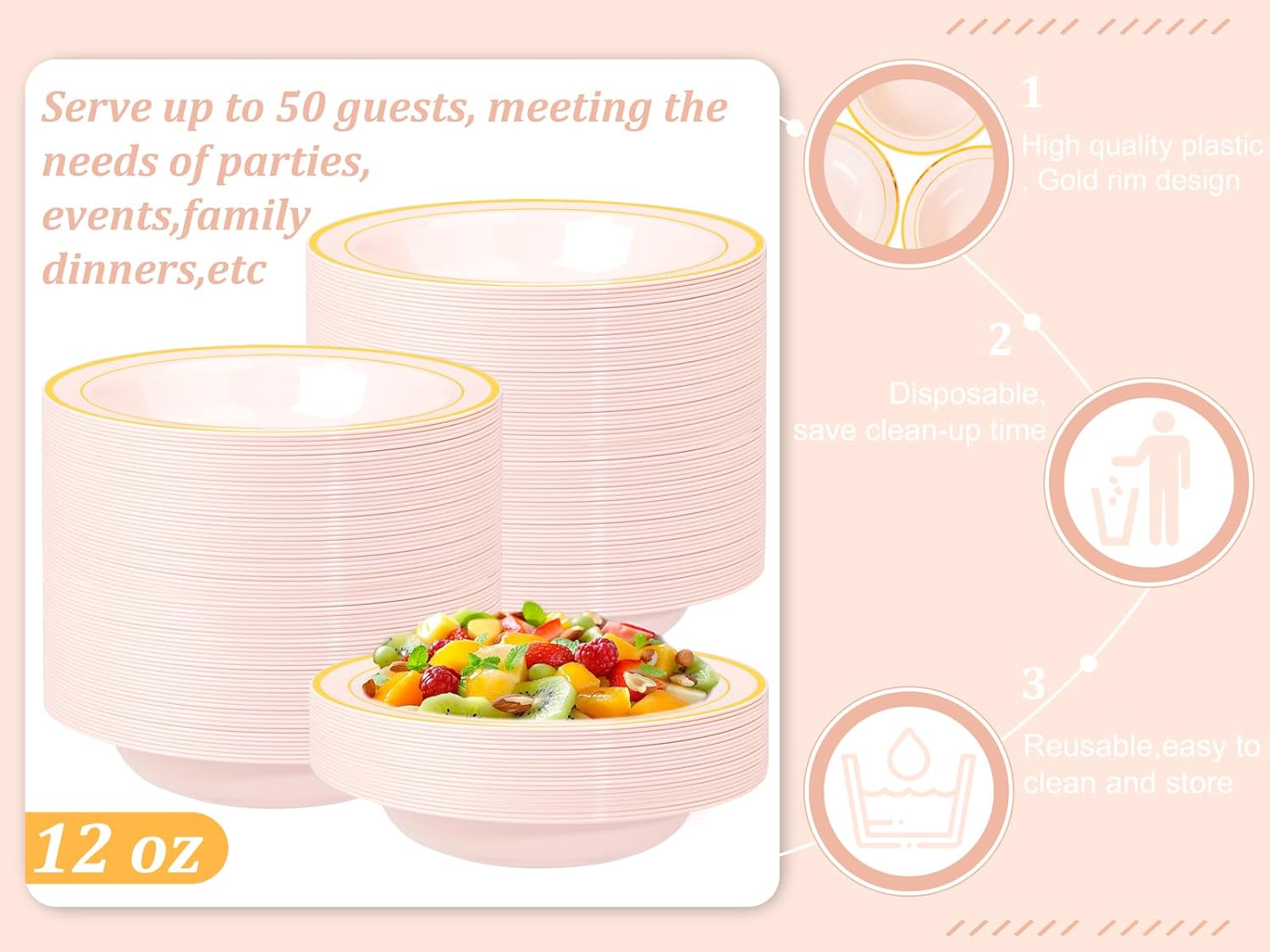 Nervure 50 Pack Pink Plastic Bowls with Gold Rim