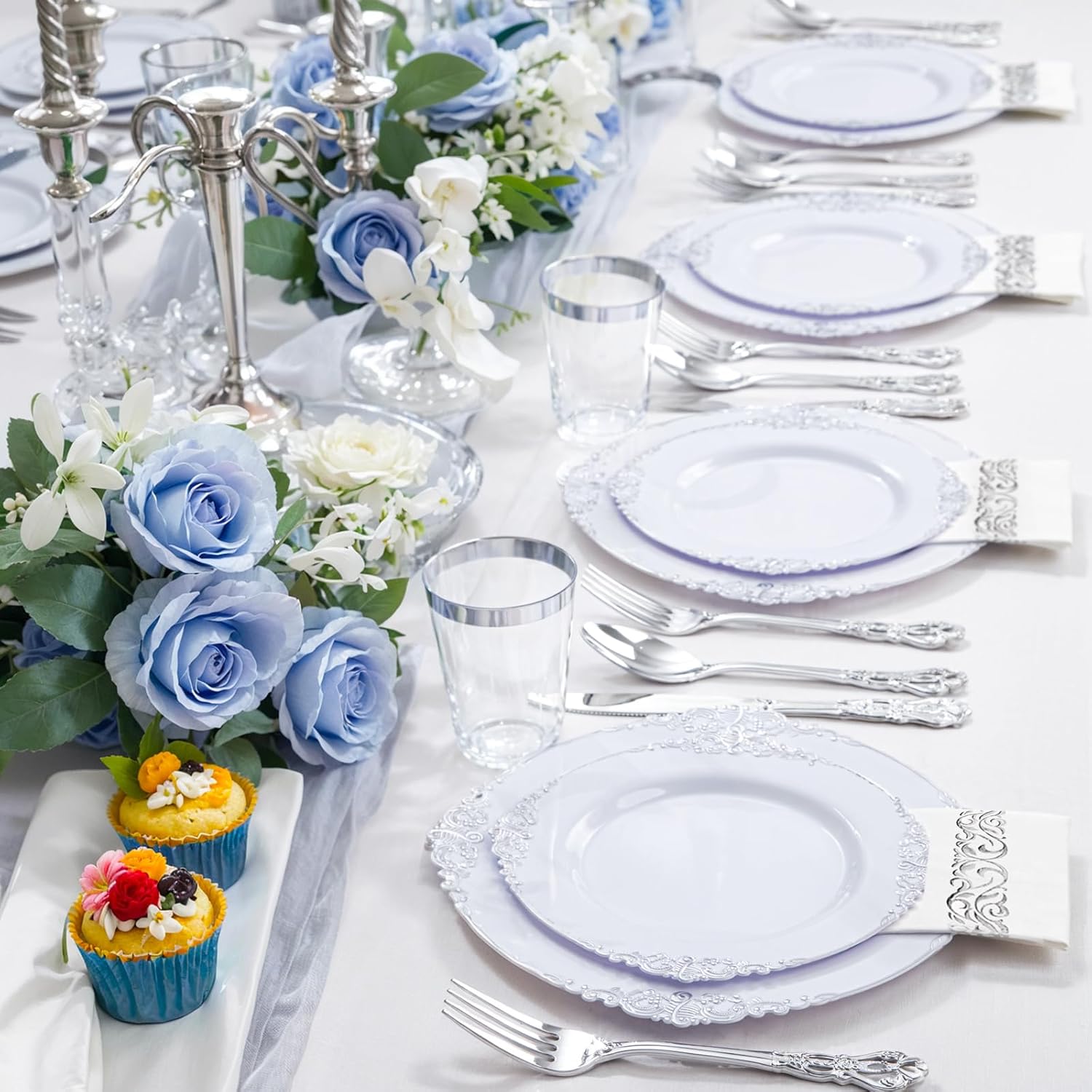 YOUBET 700PCS Silver Plastic Plates Set - 100 Person Wedding Party Disposable Tableware