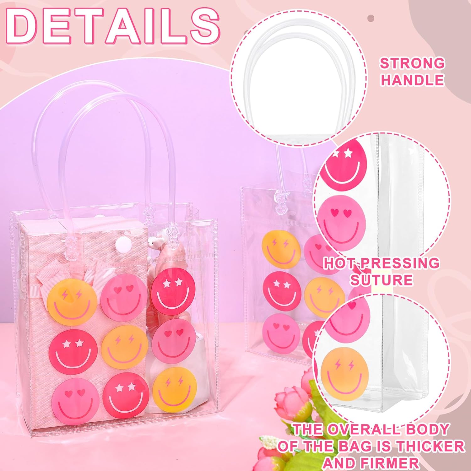 Whaline Preppy Smile Clear PVC Gift Bags with Handles 12Pcs