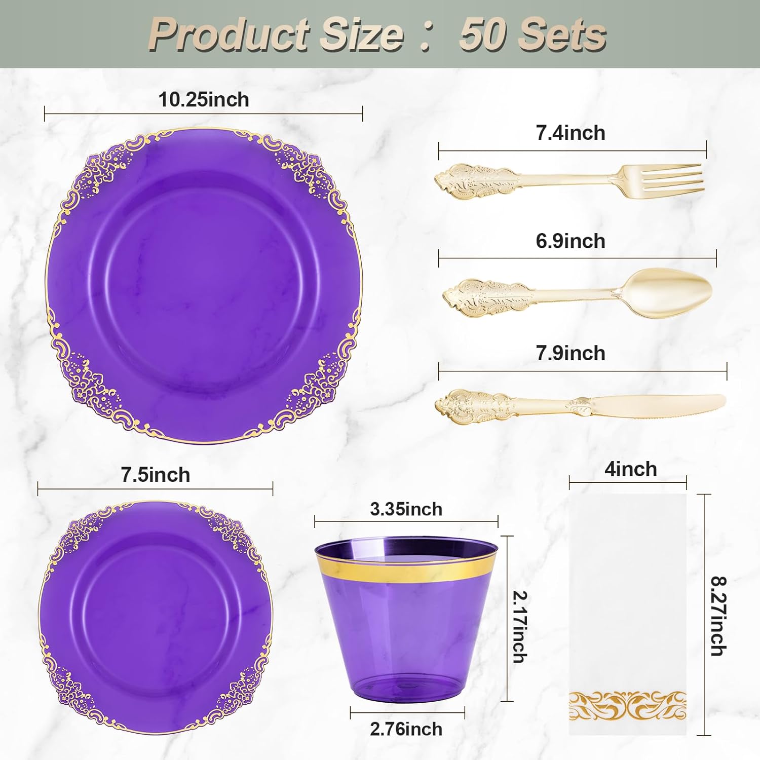 350PCS Clear Purple Plastic Plates with Gold Trim for 50 Guests