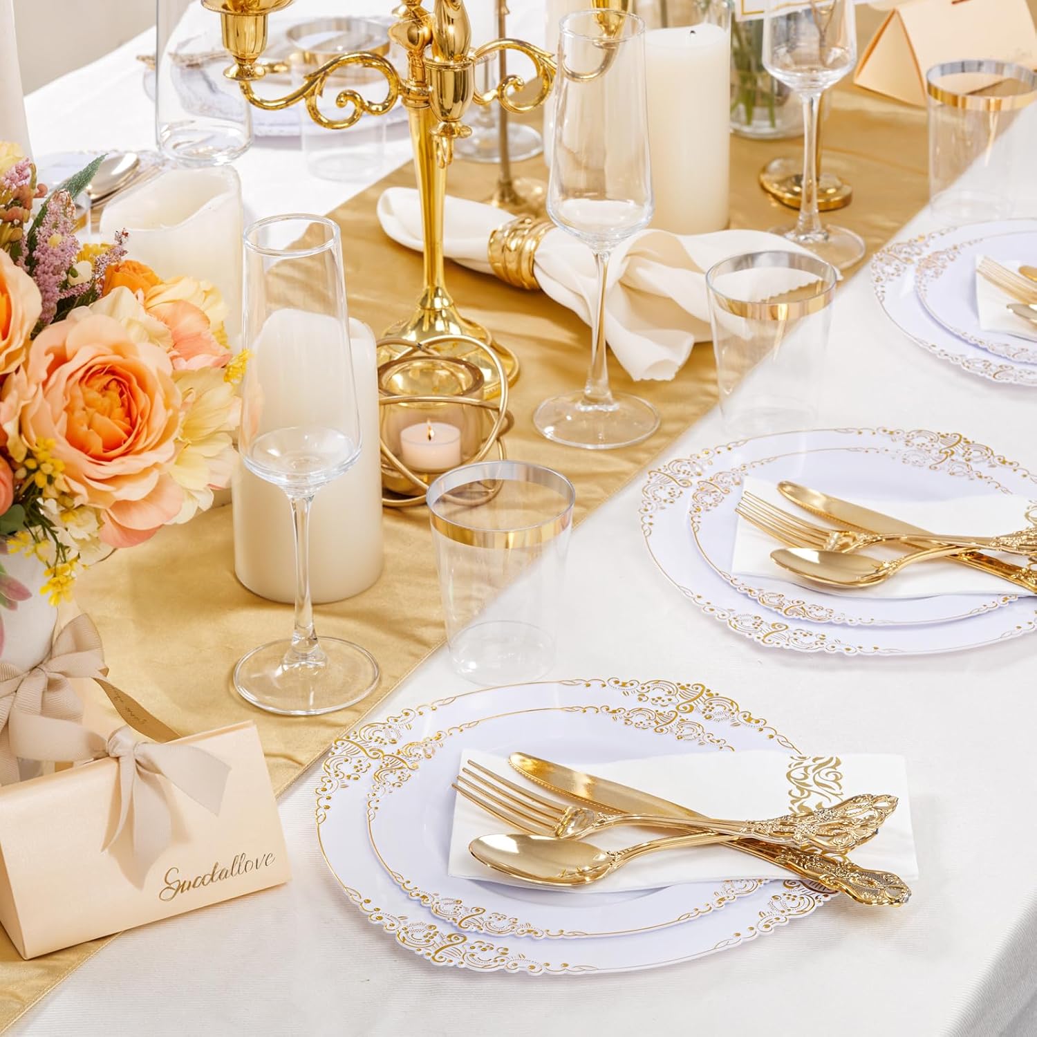 YOUBET 700PCS Gold Plastic Dinnerware Set for 100 Guests Wedding Party Graduation