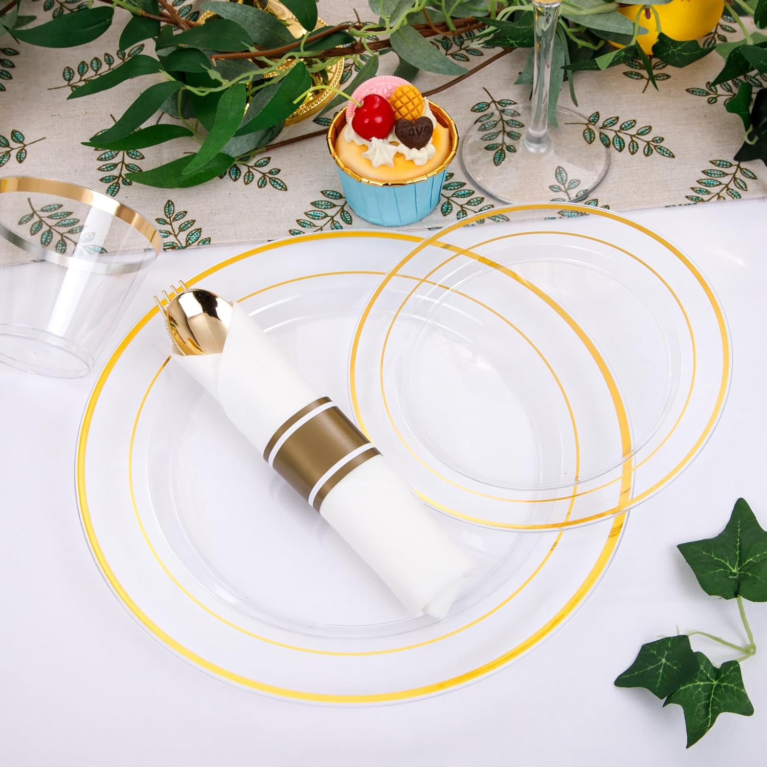 DaYammi 350PCS Clear Gold Disposable Dinnerware Set for 50 Guests