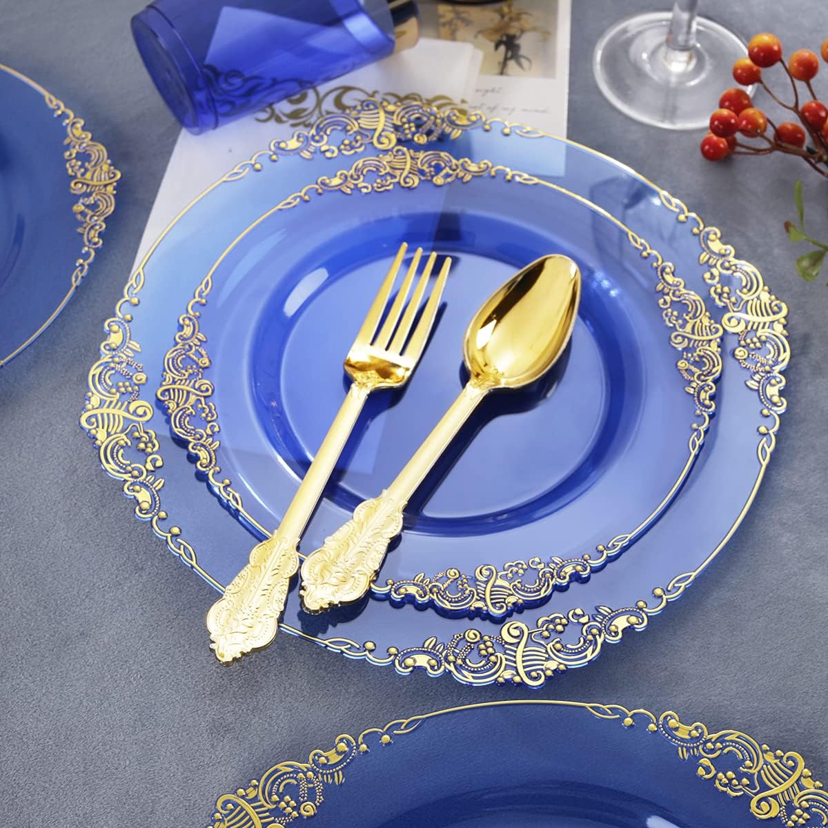Nervure 175PCS Clear Blue Plastic Plates Set
