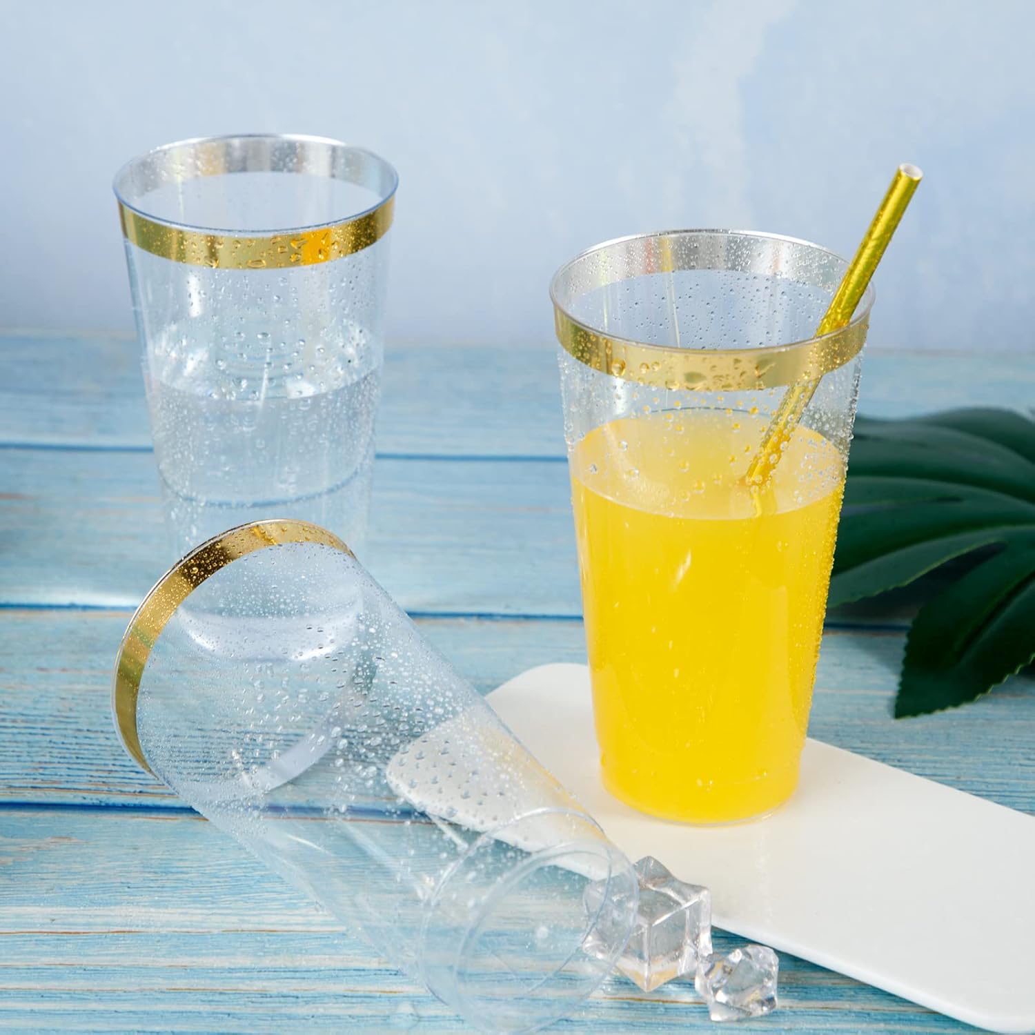 LIYH 100 Pcs 16 Ounce Gold Rim Plastic Cups for Parties